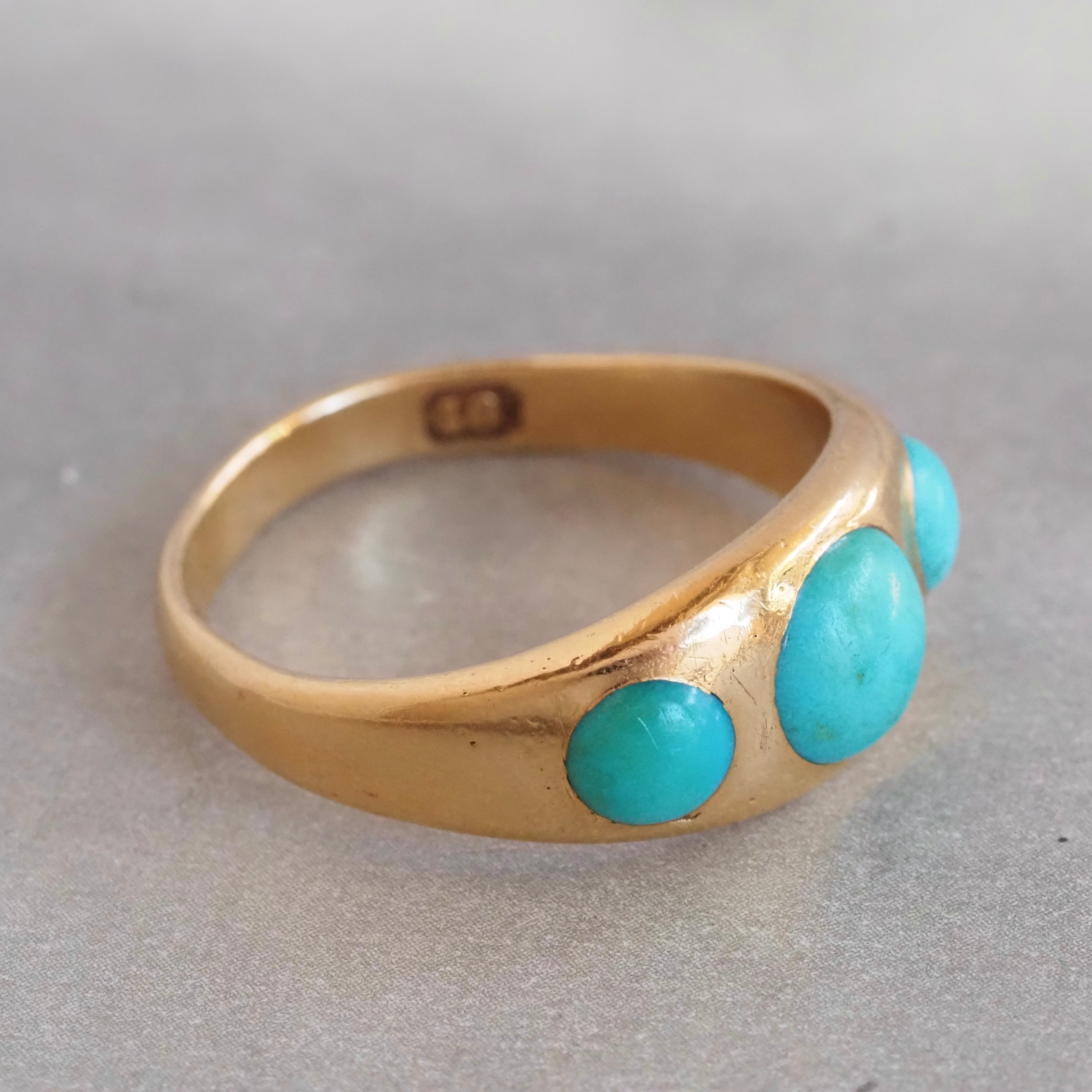 Antique Victorian Turquoise Flush Set Trilogy 18k Gold Ring