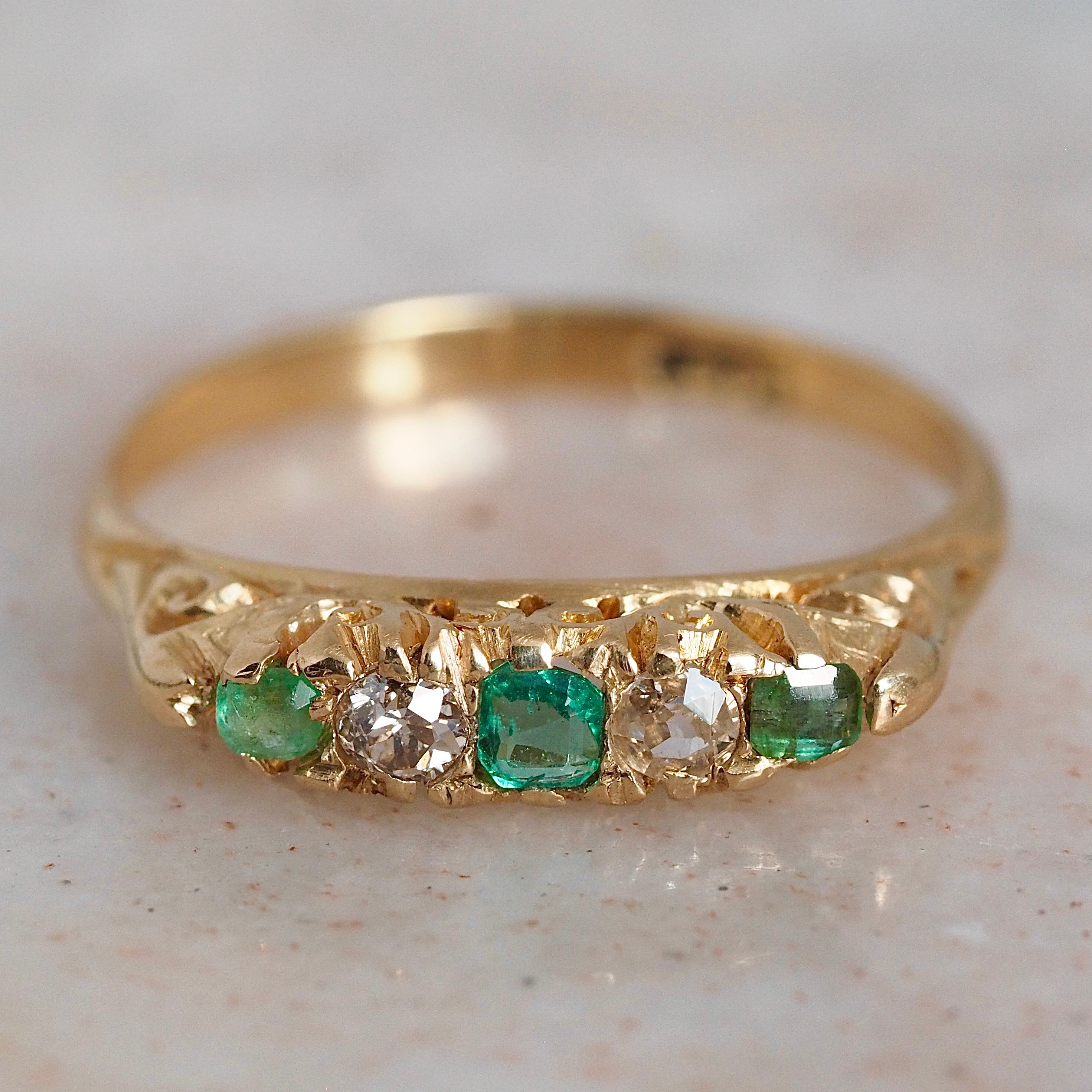 Antique English Art Nouveau 18k Gold Five Stone Emerald and Diamond Ring