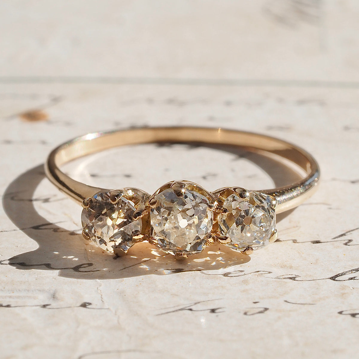 Antique Trilogy Old Mine Cut Diamond 14k Gold Engagement Ring