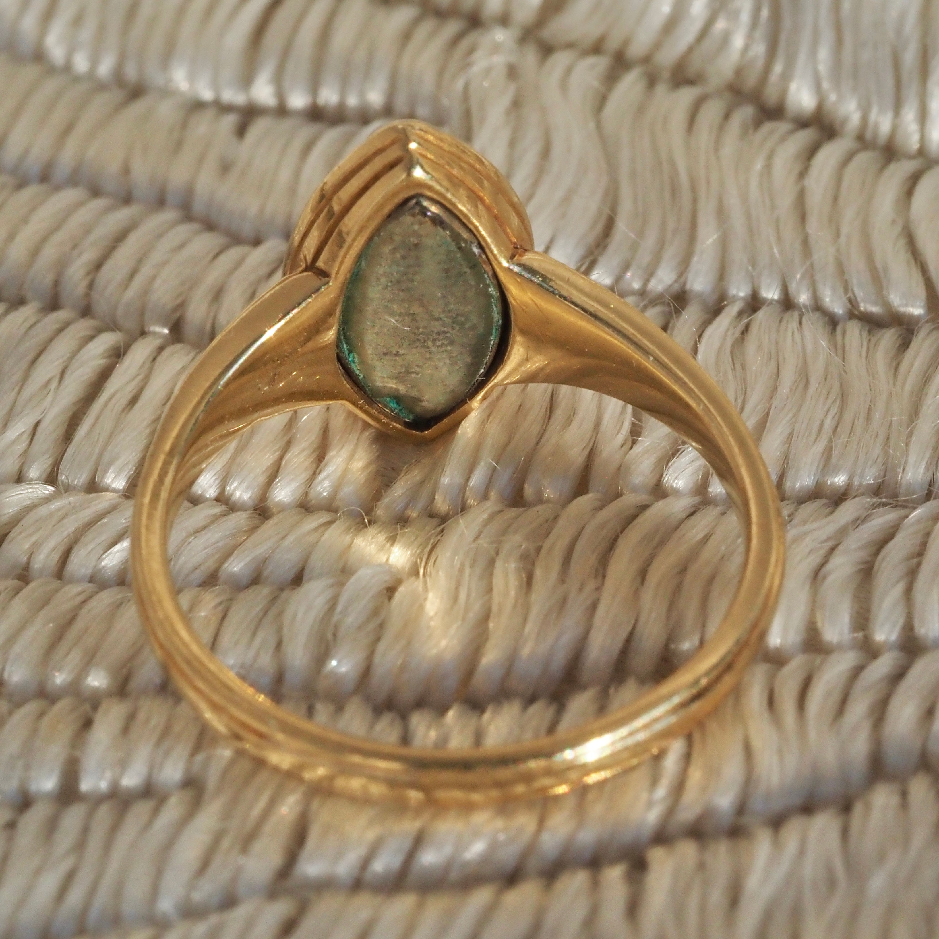 Antique Early Victorian Peruzzi Diamond Natural Seed Pearl 18k Gold Navette Ring