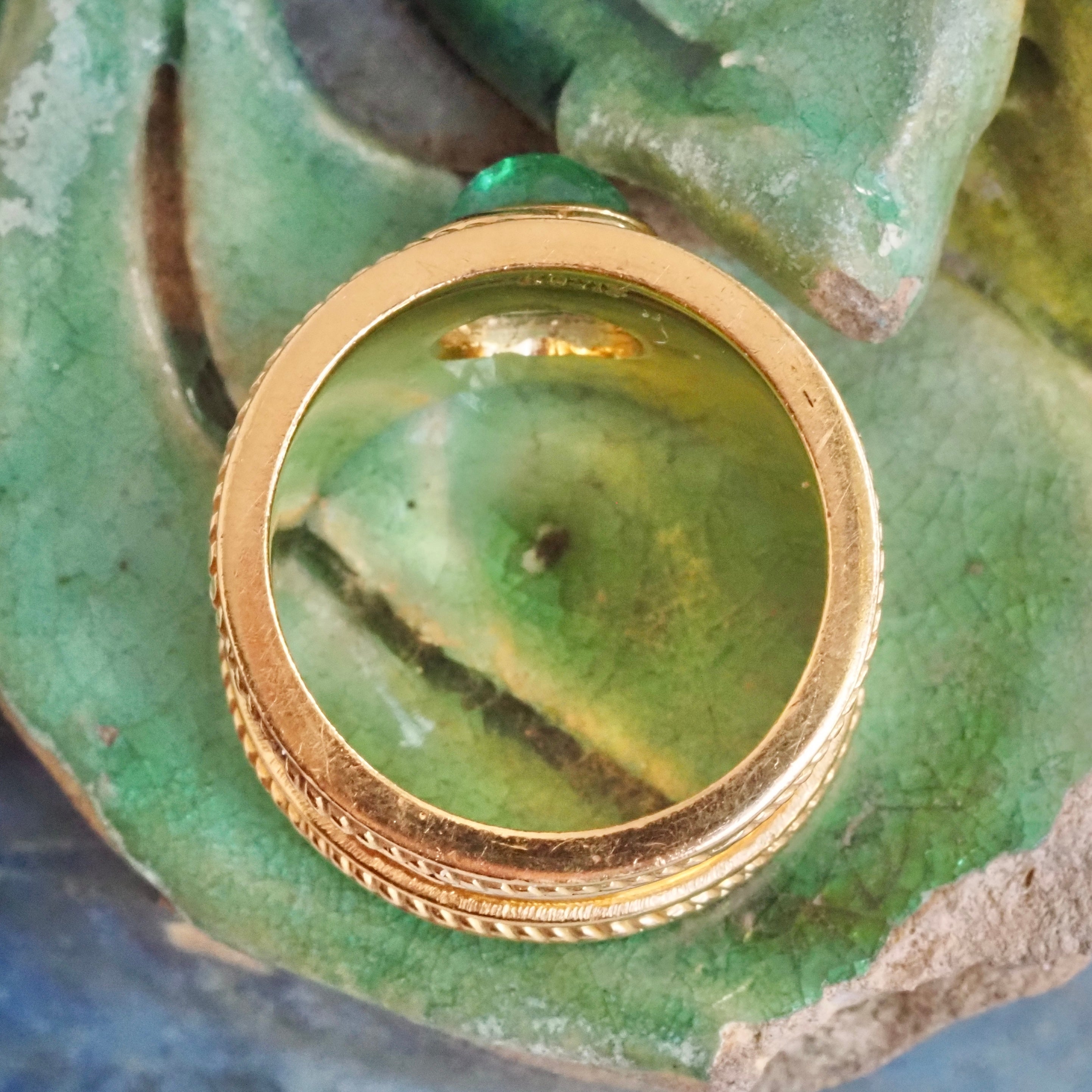 Etruscan Style Emerald Cabochon 18k Gold Wide Ring