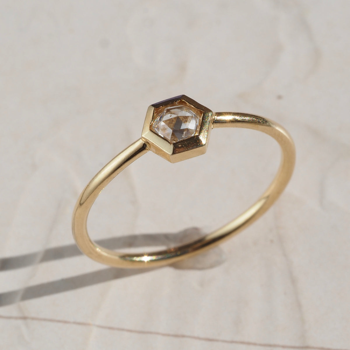 Rose Cut Diamond Hexagon 14k Gold Ring
