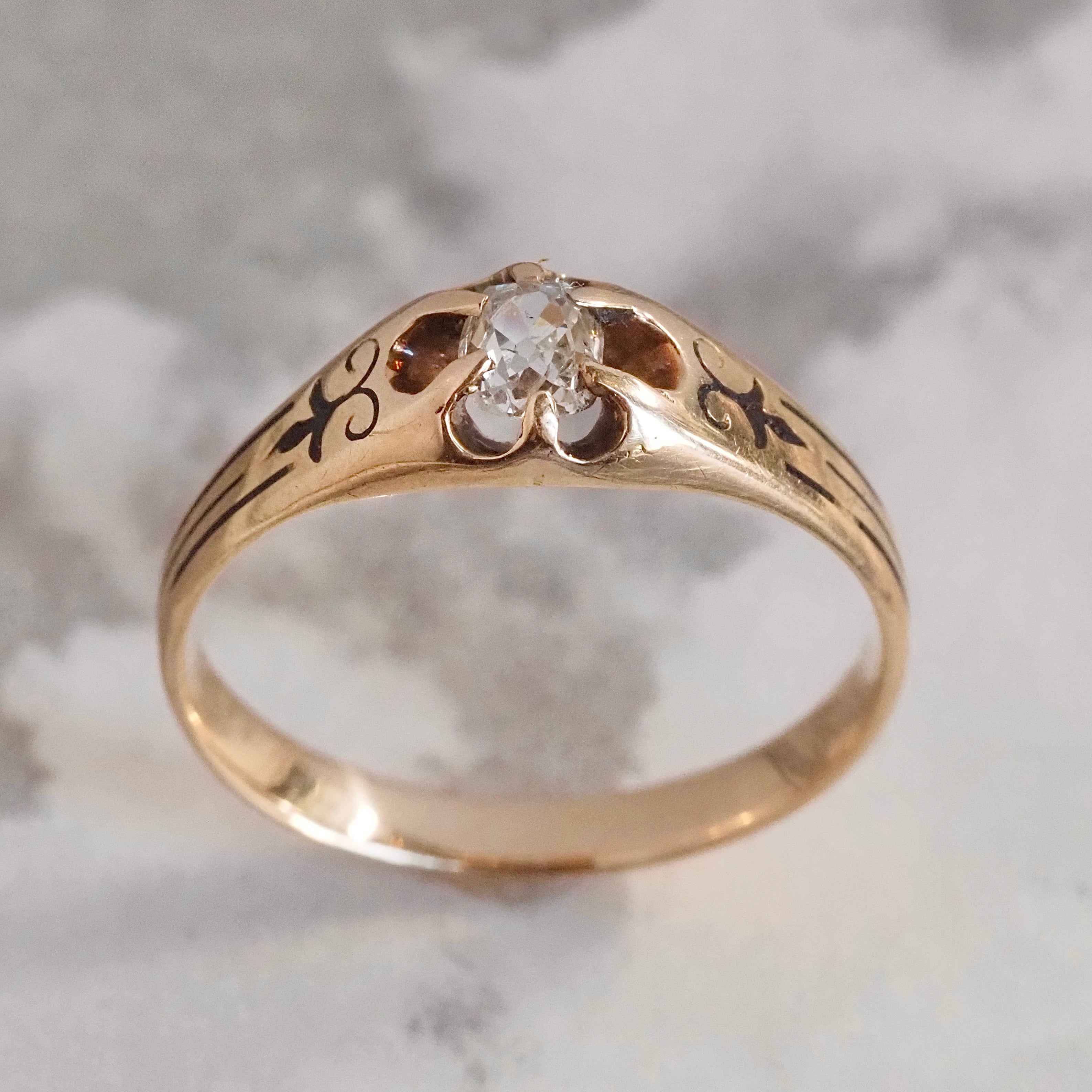 Antique Victorian Cushion Old Mine Cut Diamond Enamel 10k Gold Belcher Engagement Ring