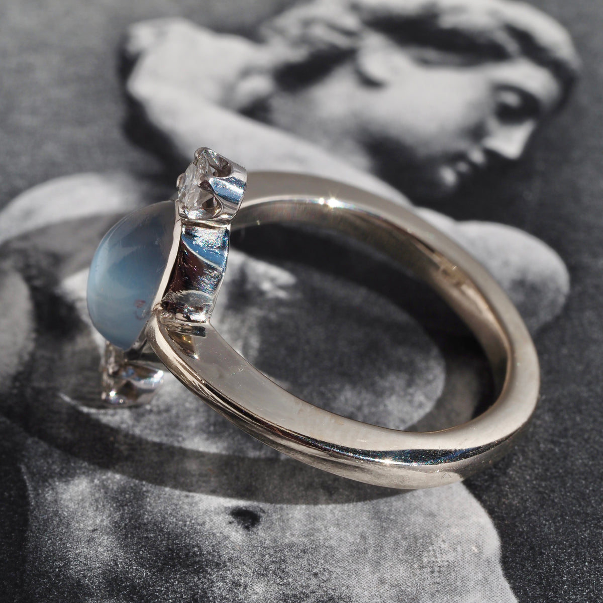 Antique Victorian Moonstone Diamond Palladium and 14k White Gold Ring