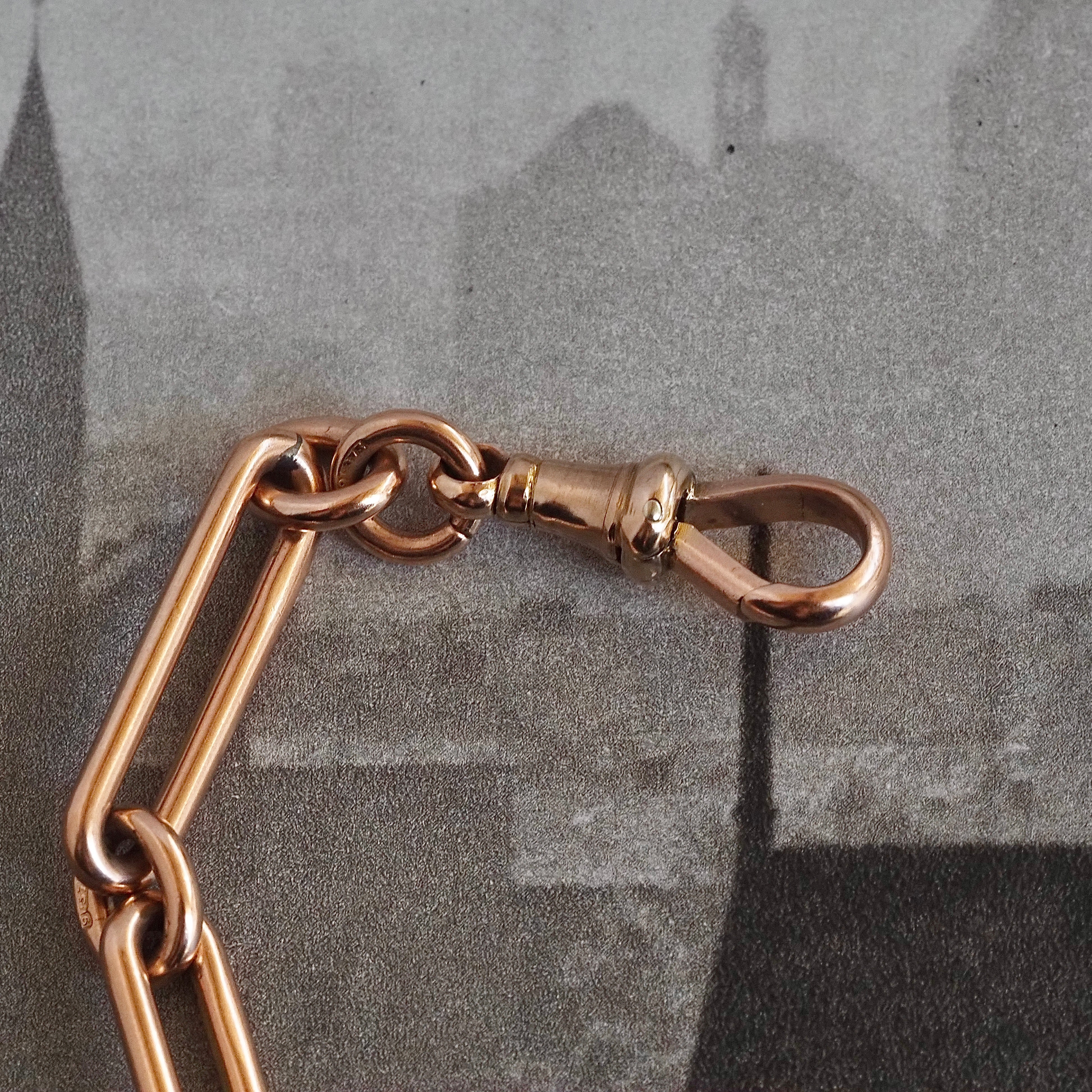 Antique c. 1901 English 9k Gold Trombone Link Albert Watch Chain Necklace with T-Bar and Dog Clips