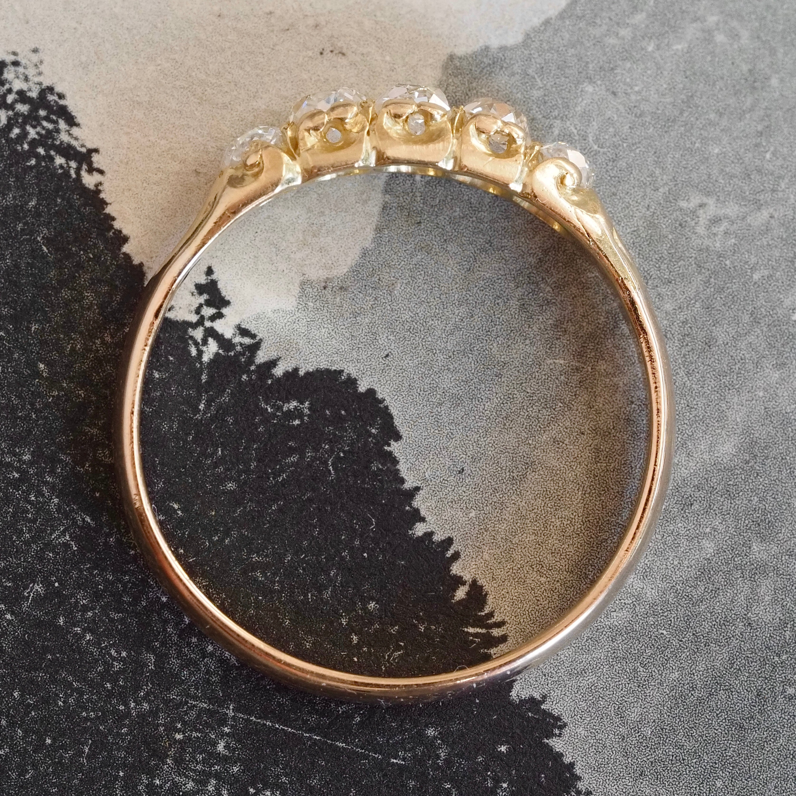 Antique Victorian 18k Gold Old Mine Cut and Single Cut Five Stone Half Hoop Diamond Ring