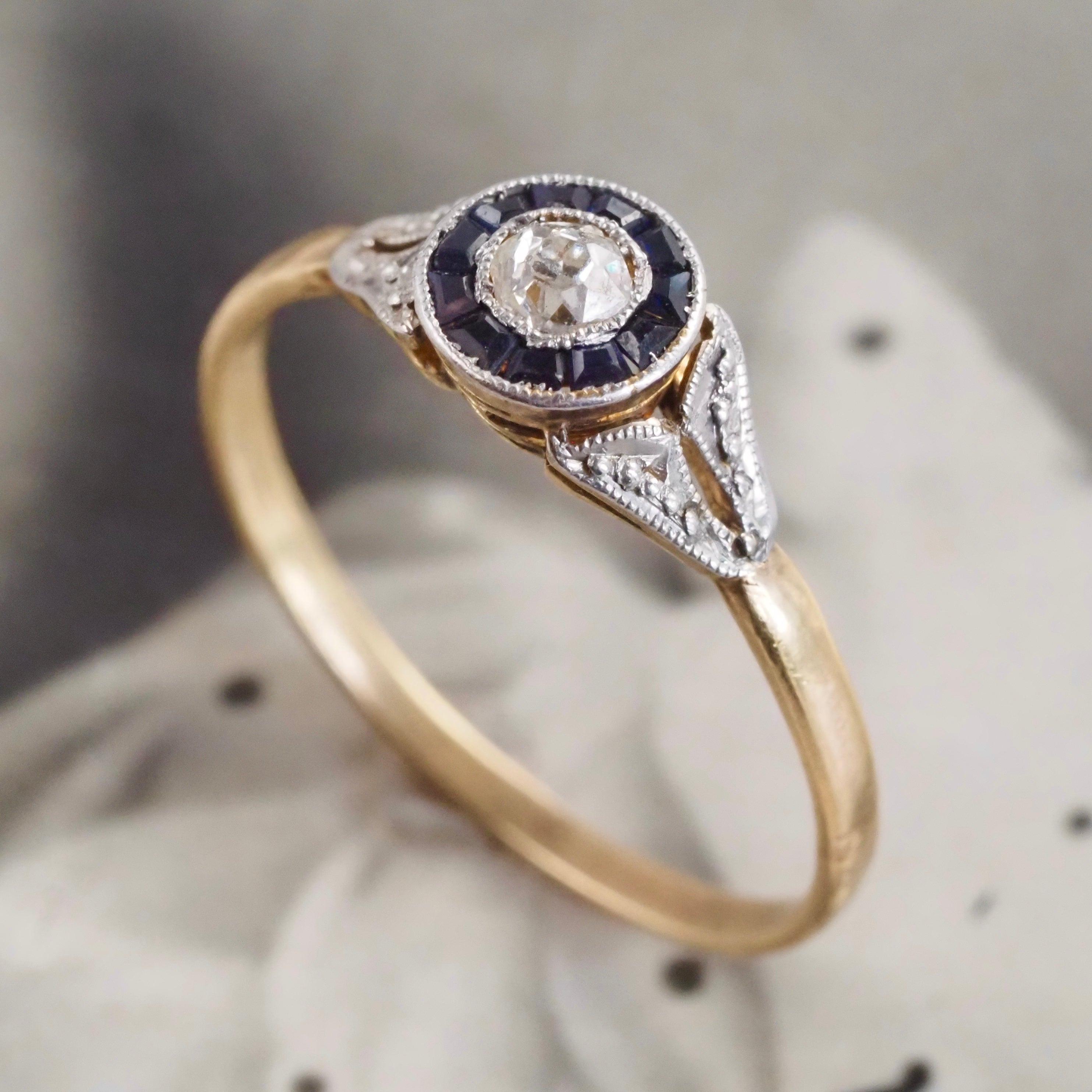 Early Art Deco Sapphire Old Mine Cut Diamond Bullseye 18k Gold Ring