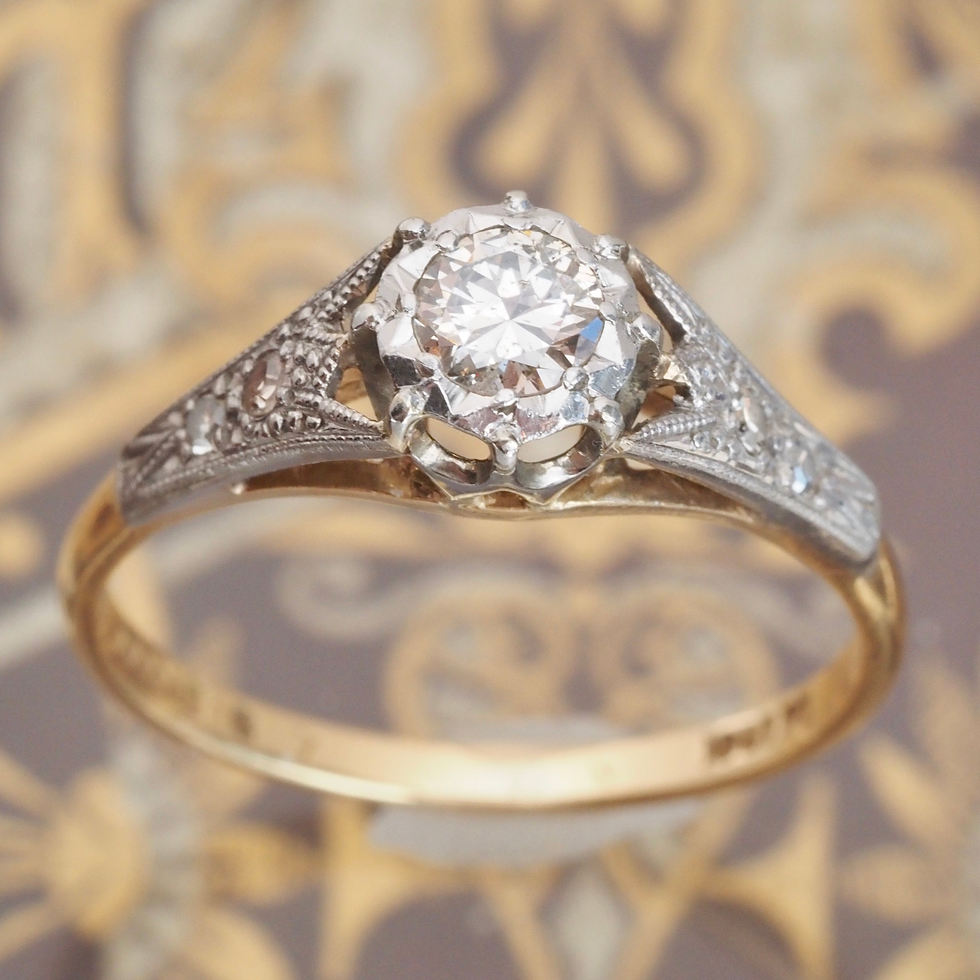Antique Edwardian 18k White and Yellow Gold Transitional Cut Diamond Solitaire Engagement Ring