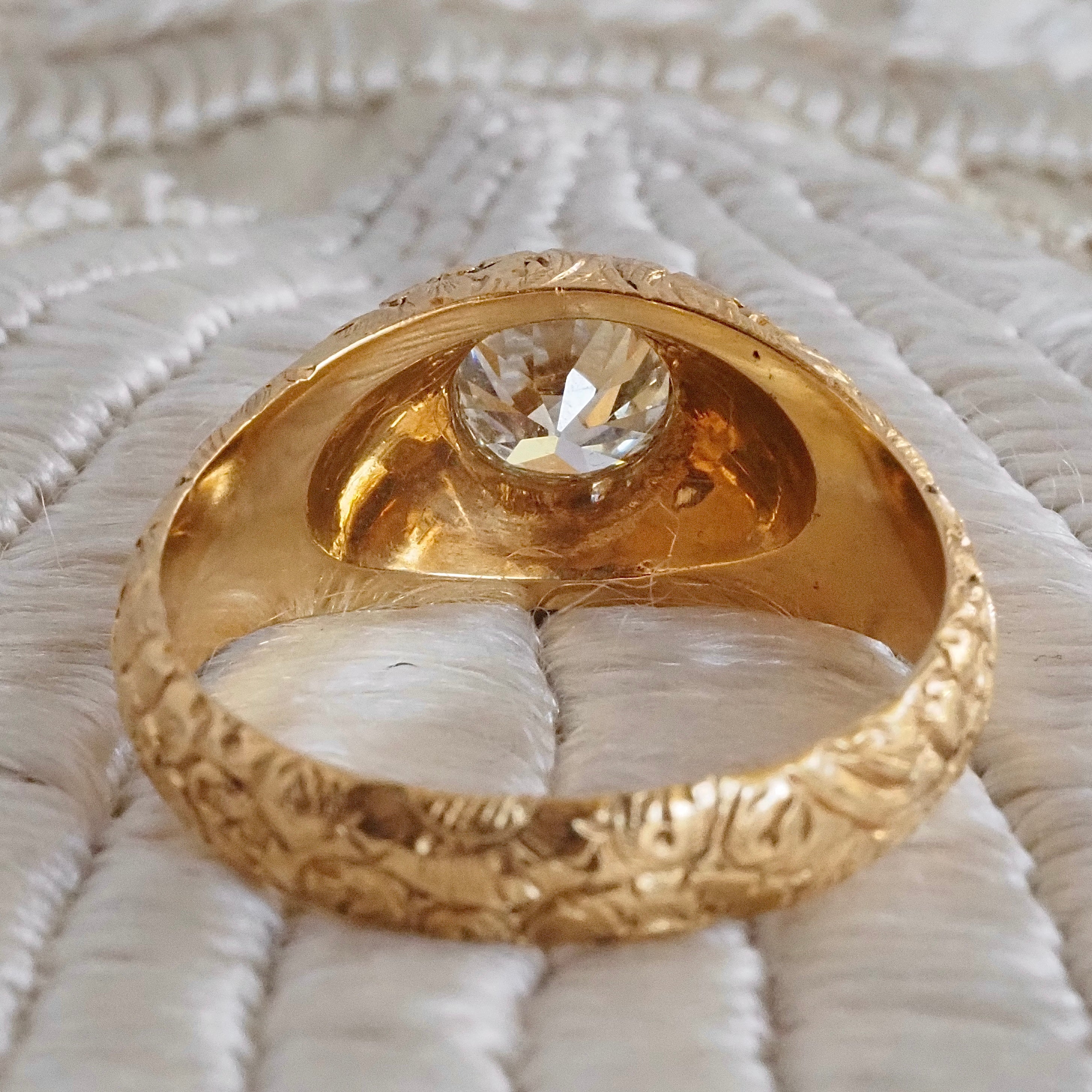 Vintage Portuguese Floral Engraved 19k Gold 1.26ct Old European Cut Diamond Ring