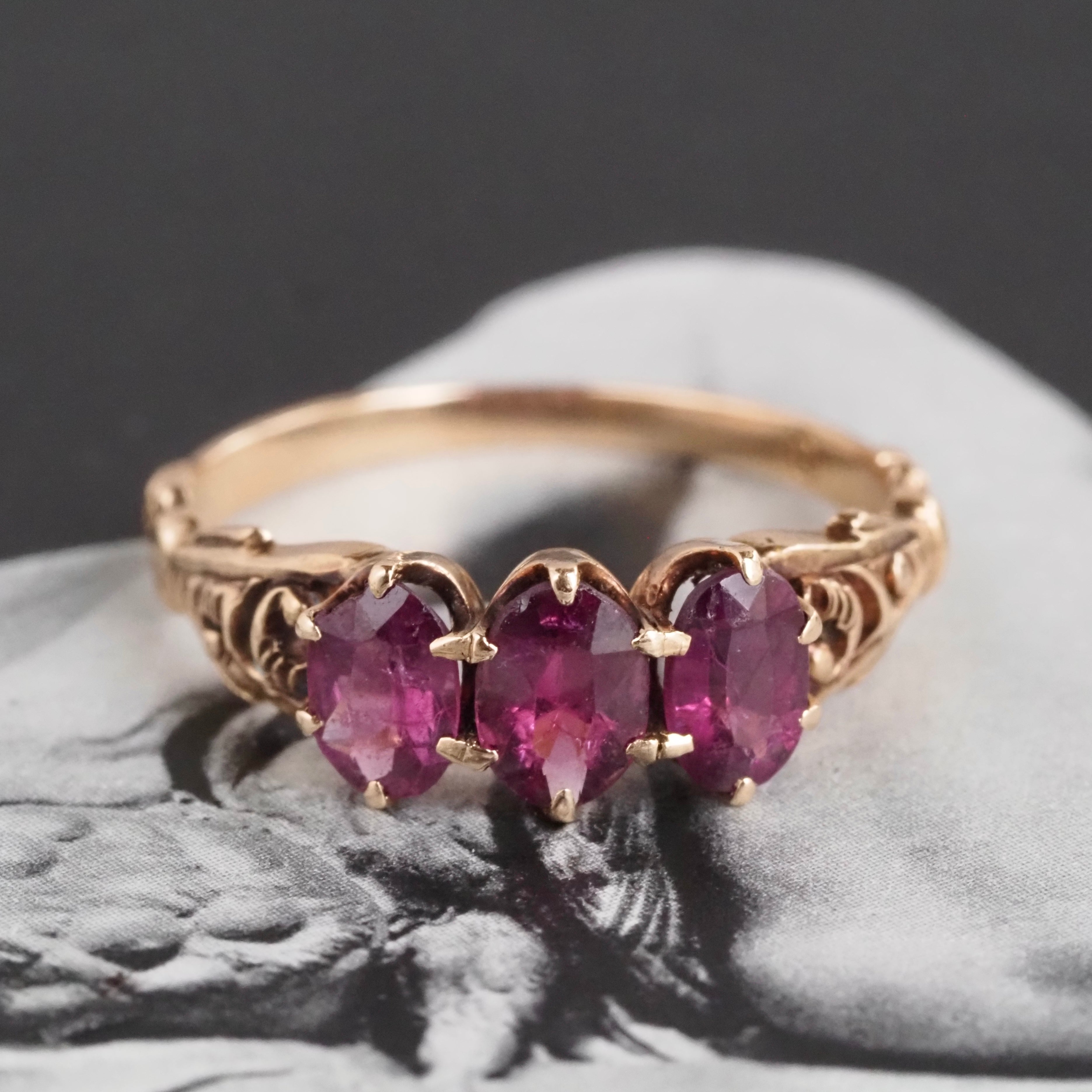Antique Victorian Rubellite Tourmaline Trilogy 10k Gold Ring