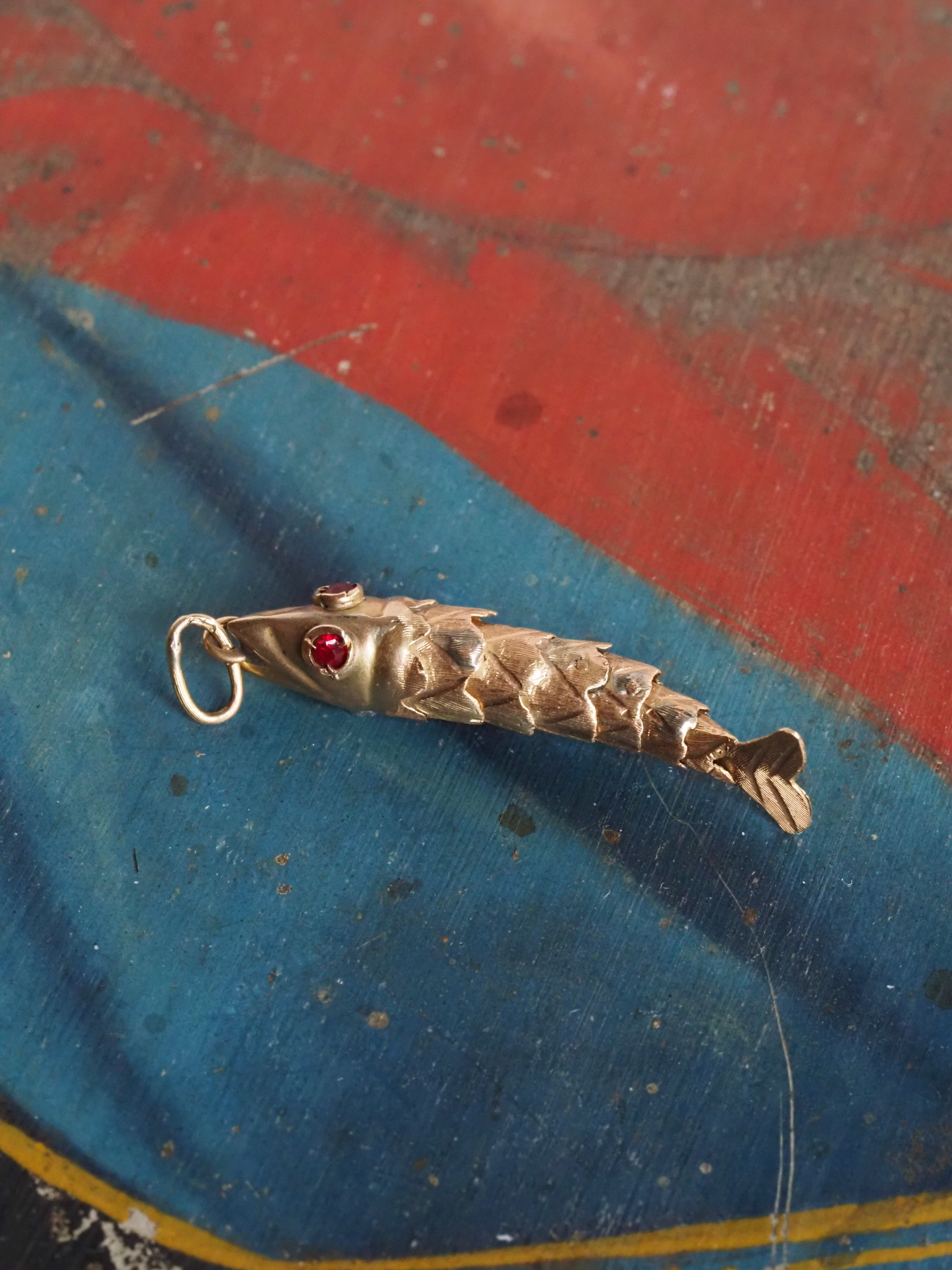 Vintage 14k Gold & Ruby Paste Articulated Fish Charm
