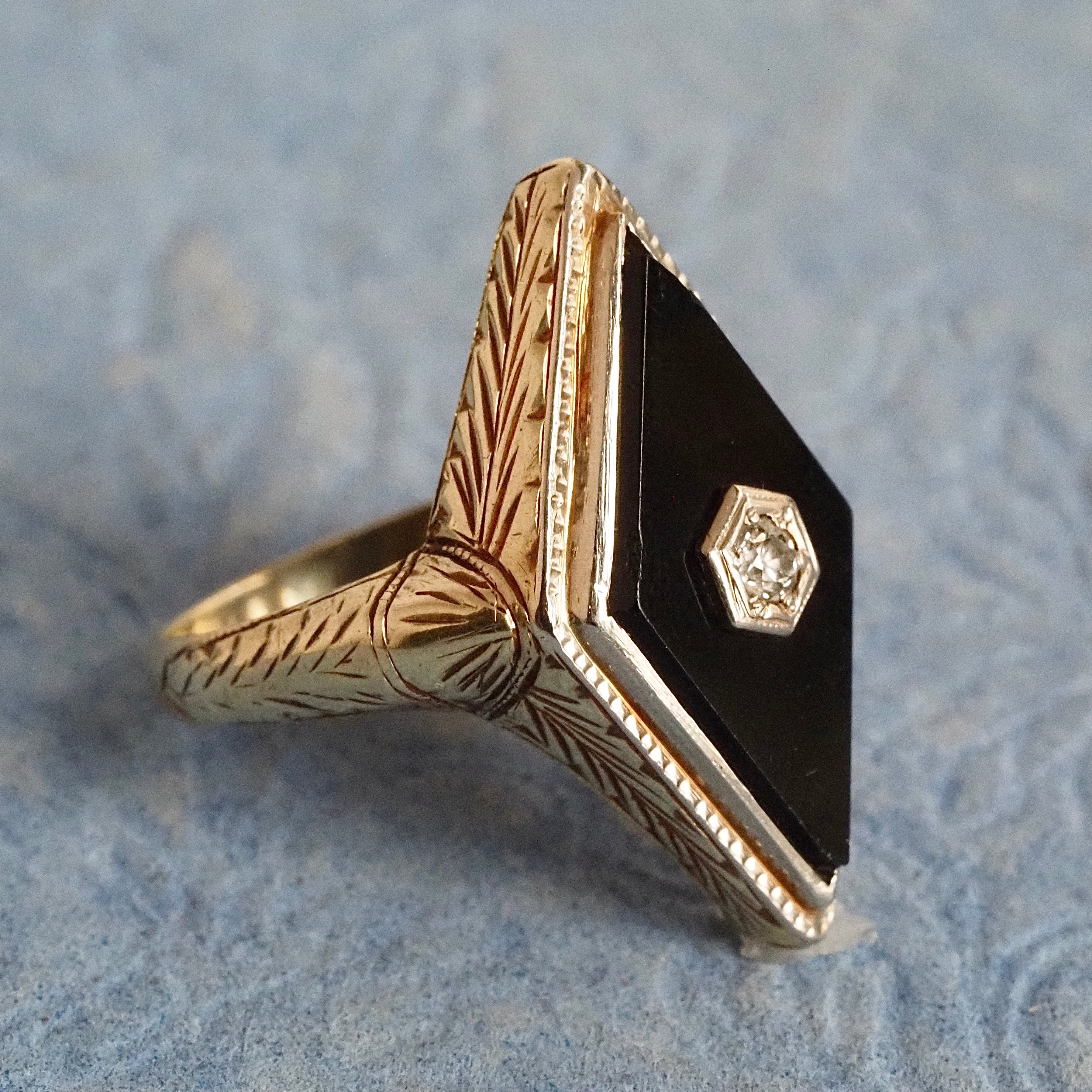 Art Deco Onyx Diamond 14k White Gold Ring