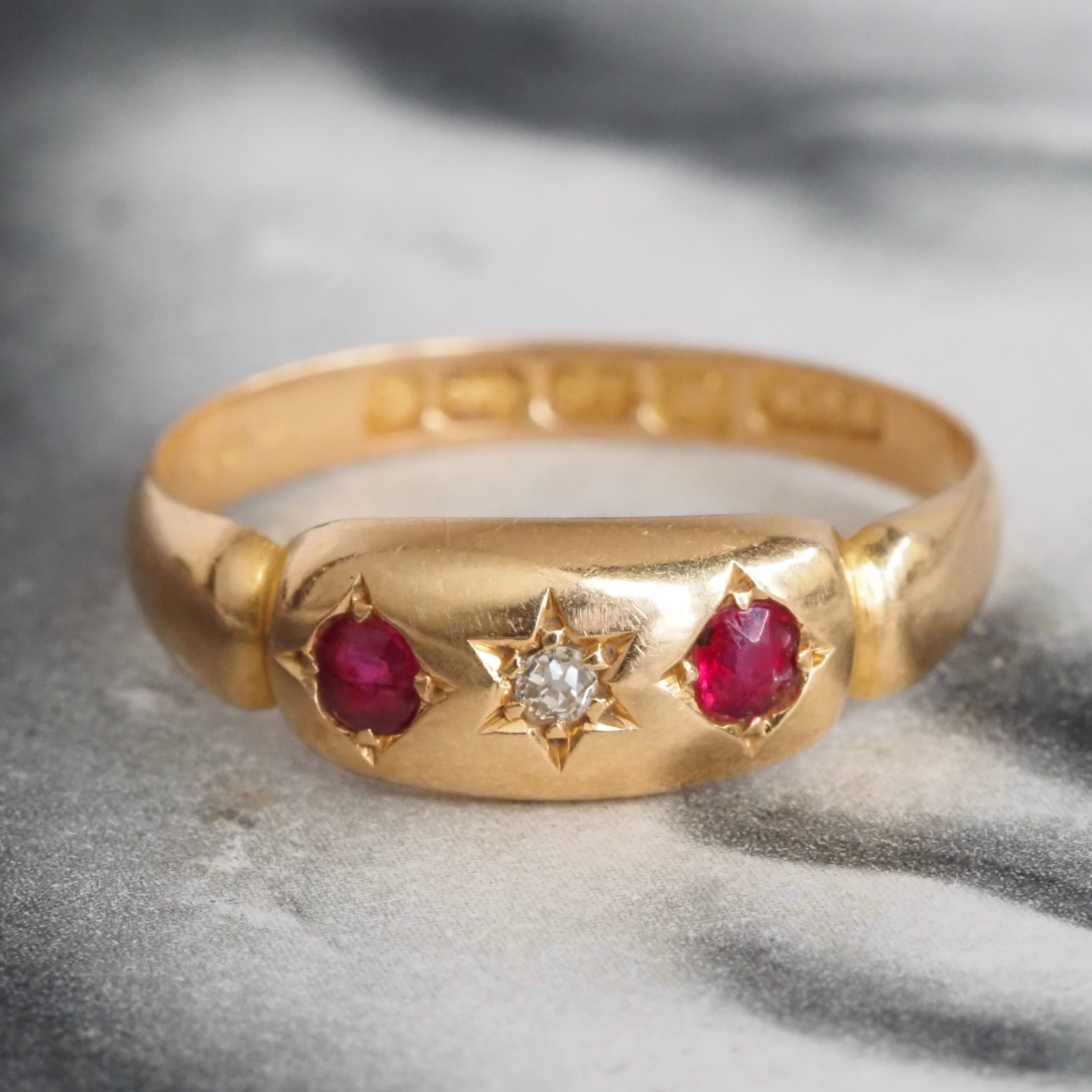 Antique Victorian English c. 1893 Ruby and Old Mine Cut Diamond Starburst 18k Gold Ring