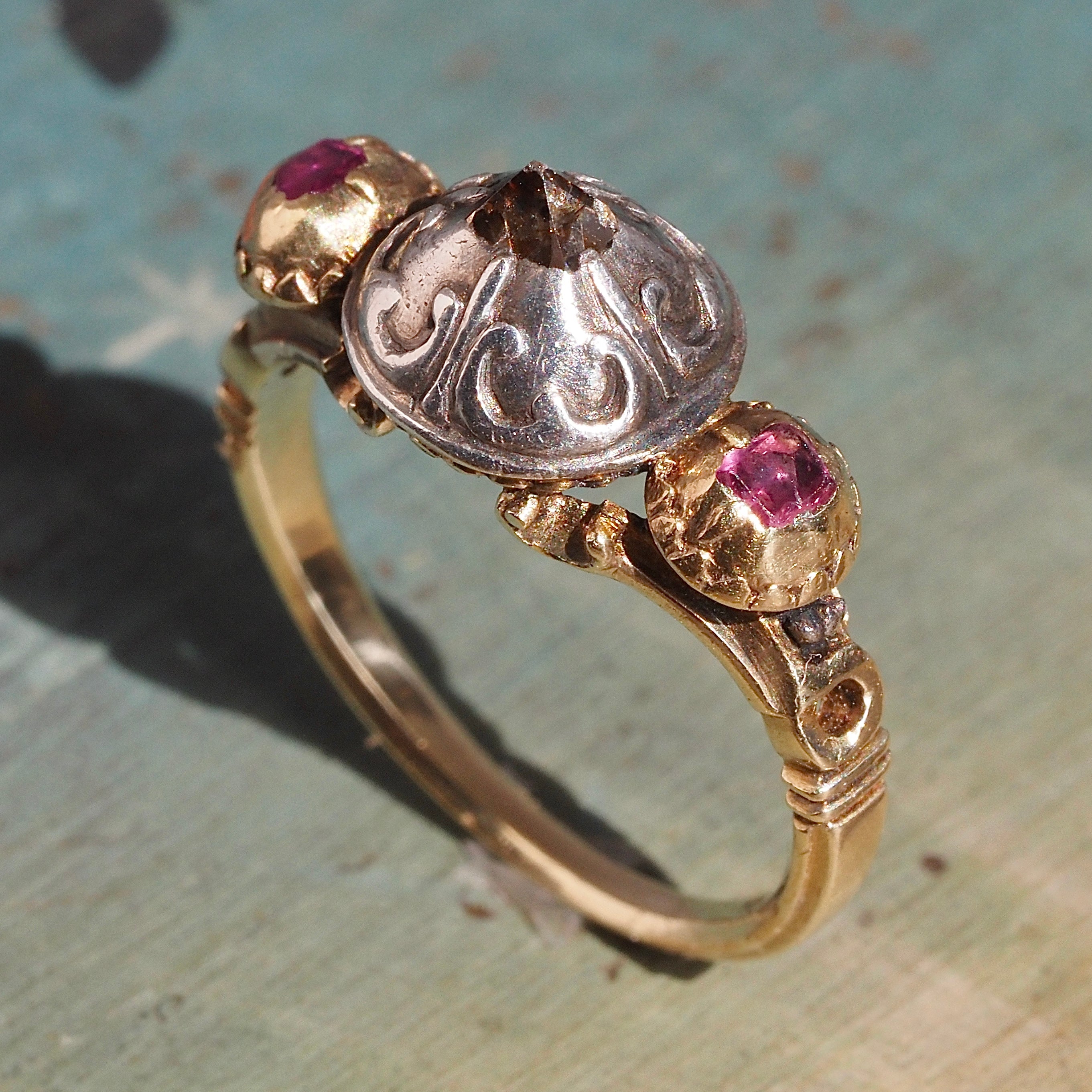Antique Late 17th Century Baroque 18k Gold and Sterling Silver Point Cut Diamond and Table Cut Ruby Ring