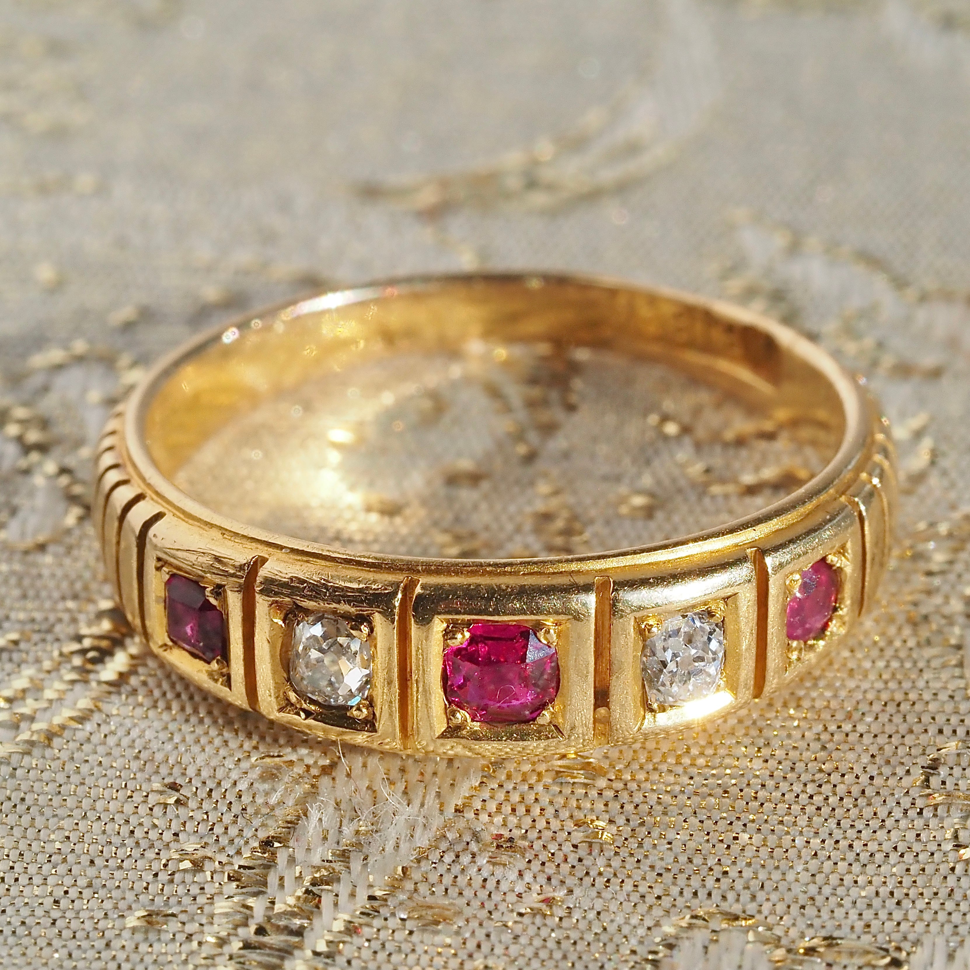 Antique Old Mine Cut Diamond and Ruby 18k Gold Five Stone Ring