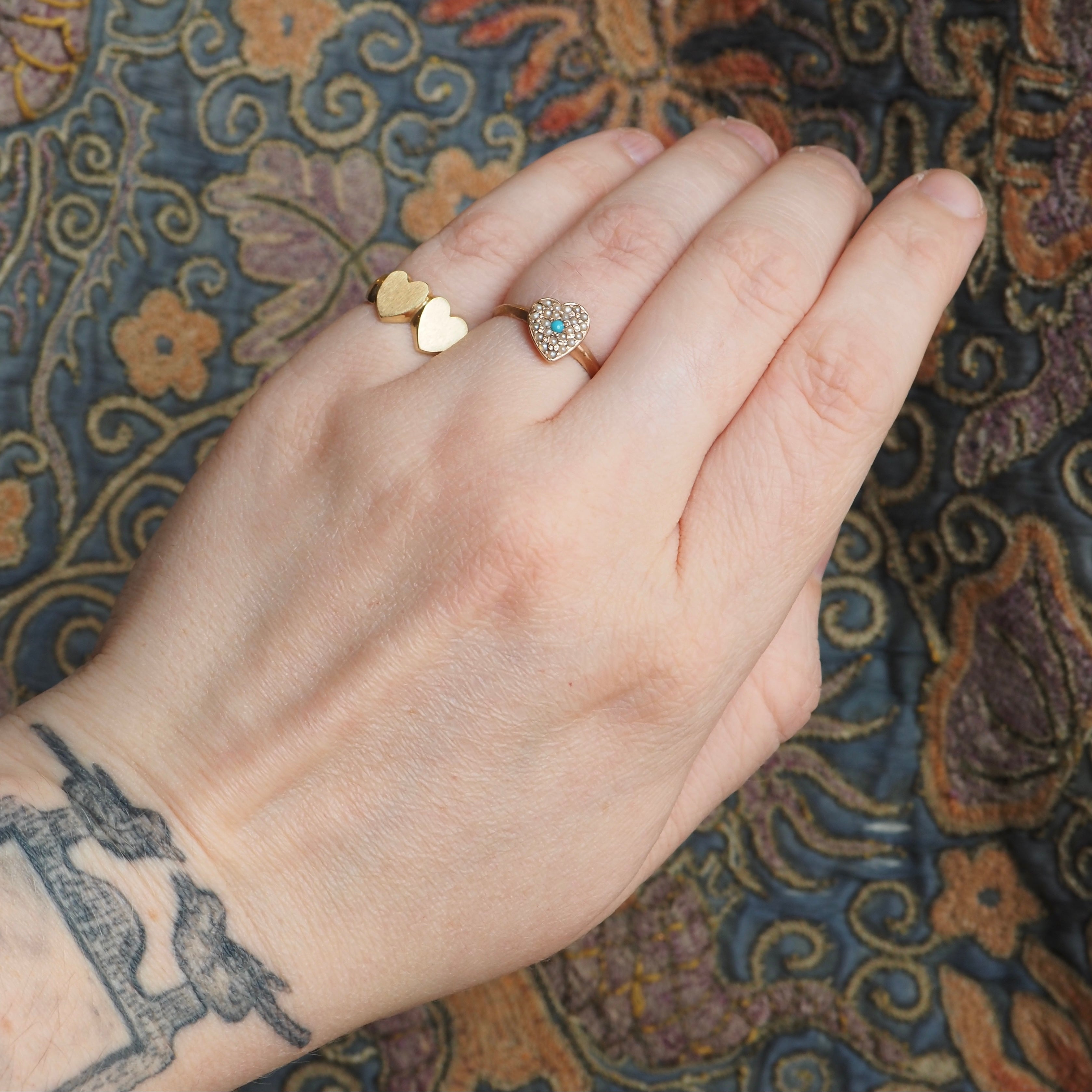 Vintage 10k Gold Turquoise & Seed Pearl Heart Ring