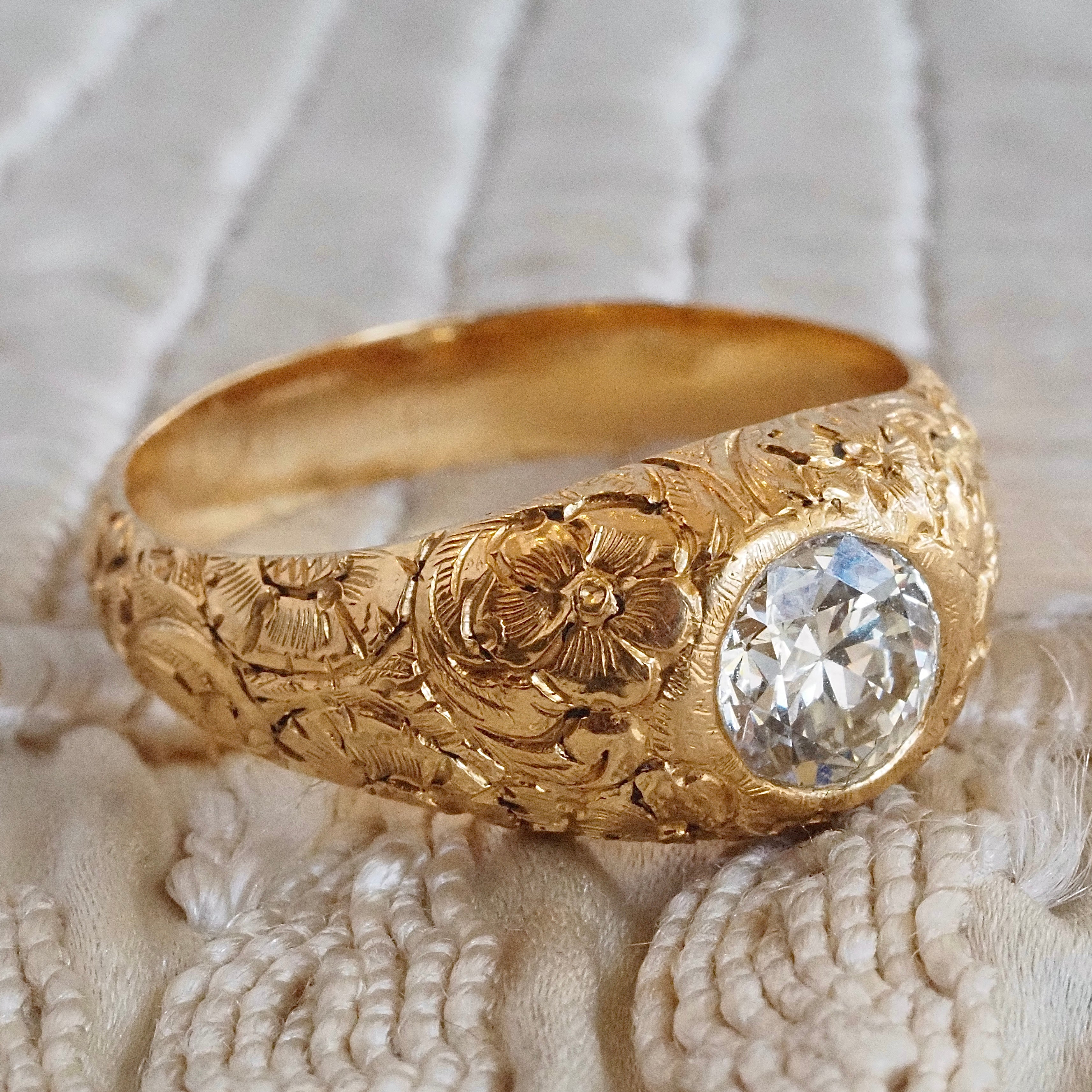 Vintage Portuguese Floral Engraved 19k Gold Old European Cut Diamond Ring