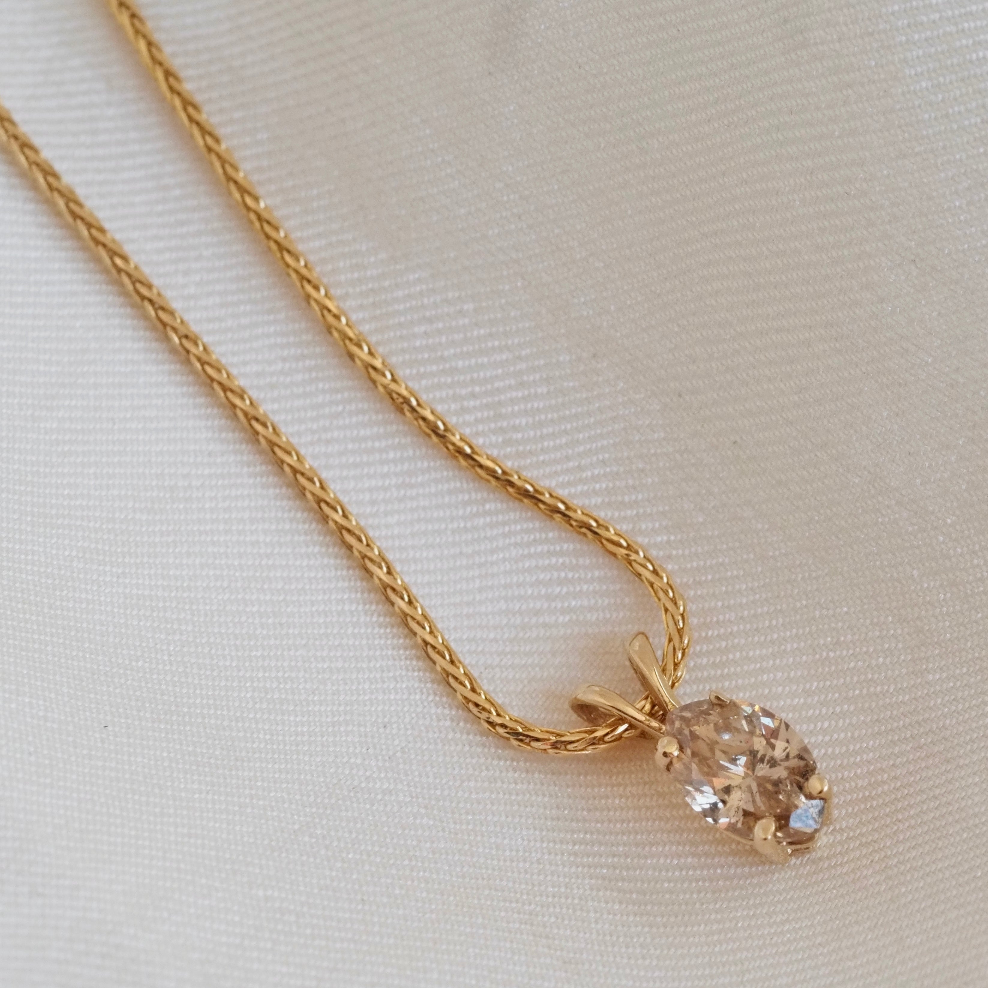 Vintage Light Brown Marquise Cut Diamond in 14k Gold on 14k Gold Wheat Chain