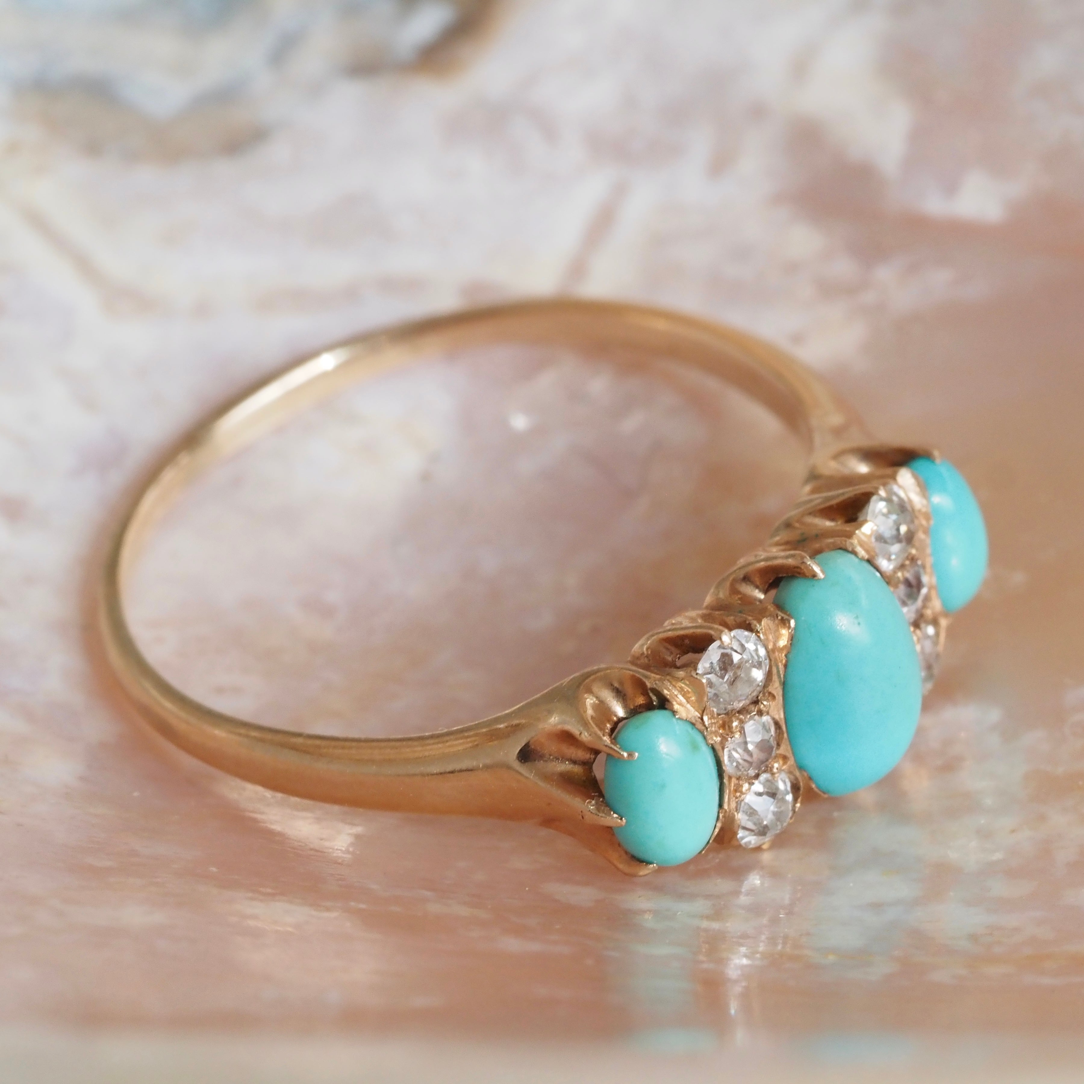 Antique Art Nouveau Turquoise and Diamond 14k Gold Ring