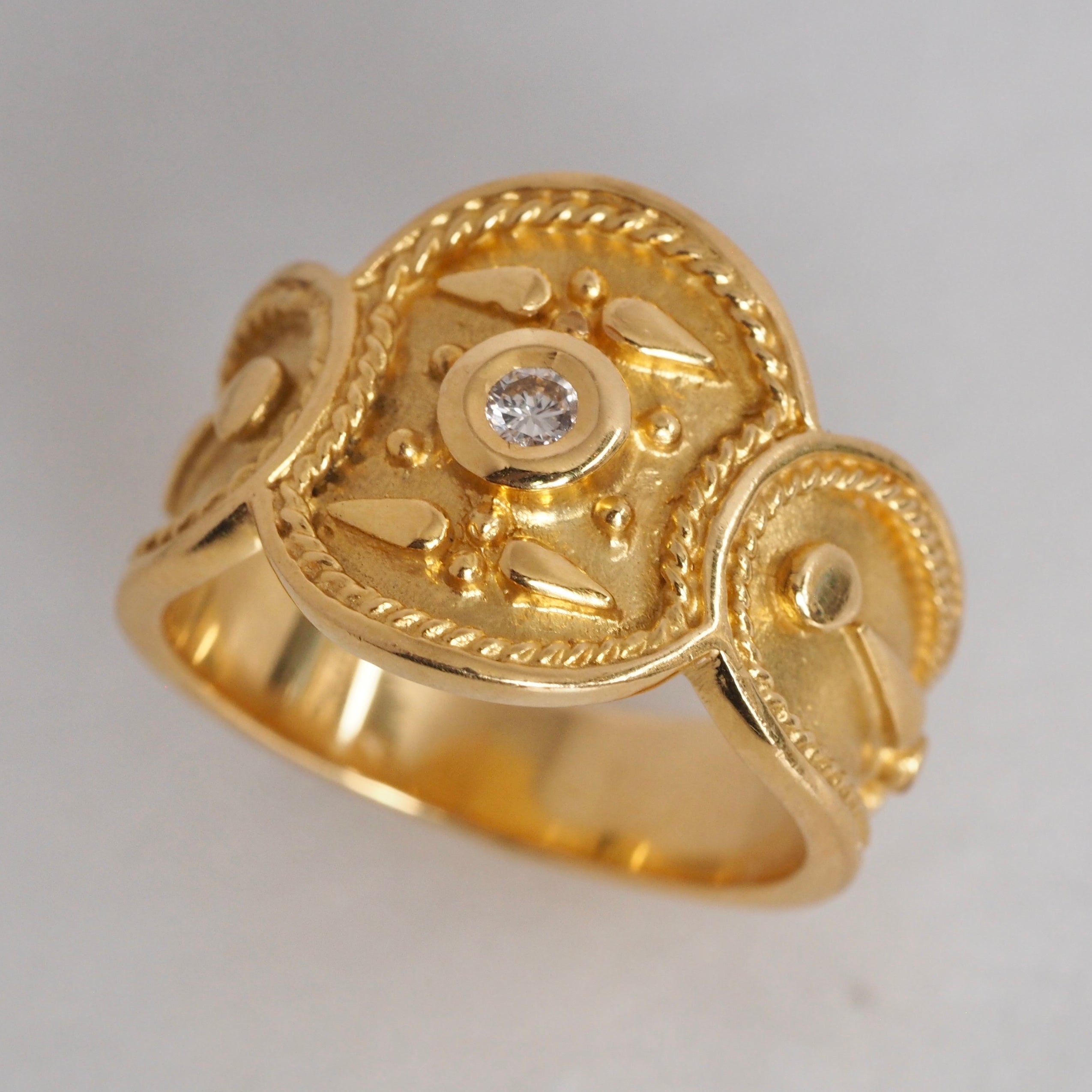 Vintage Portuguese 19k Gold and Bezel Set Diamond Ornate Ring