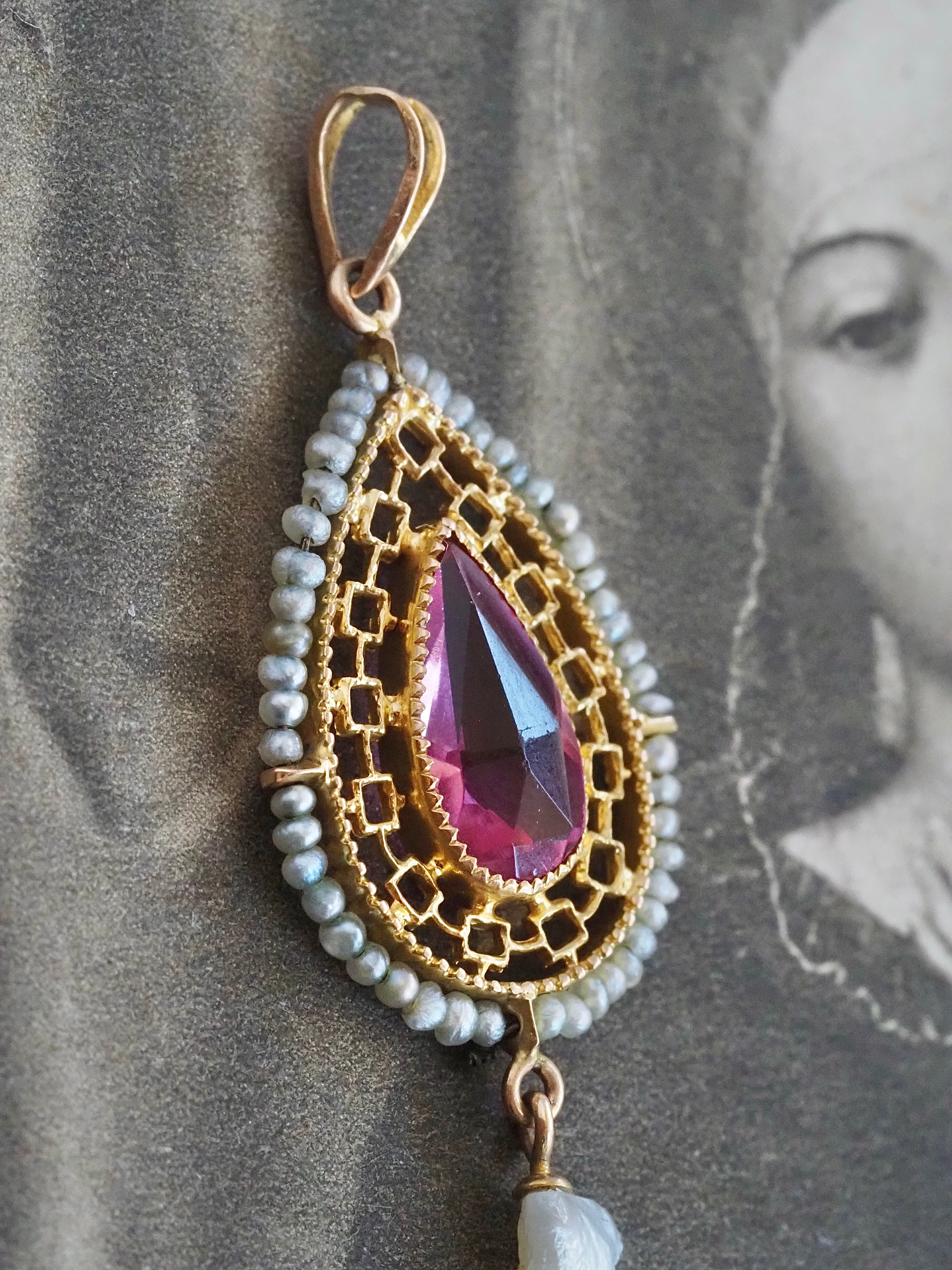 Antique 10k Gold Seed Pearl Tourmaline Lavalier Pendant