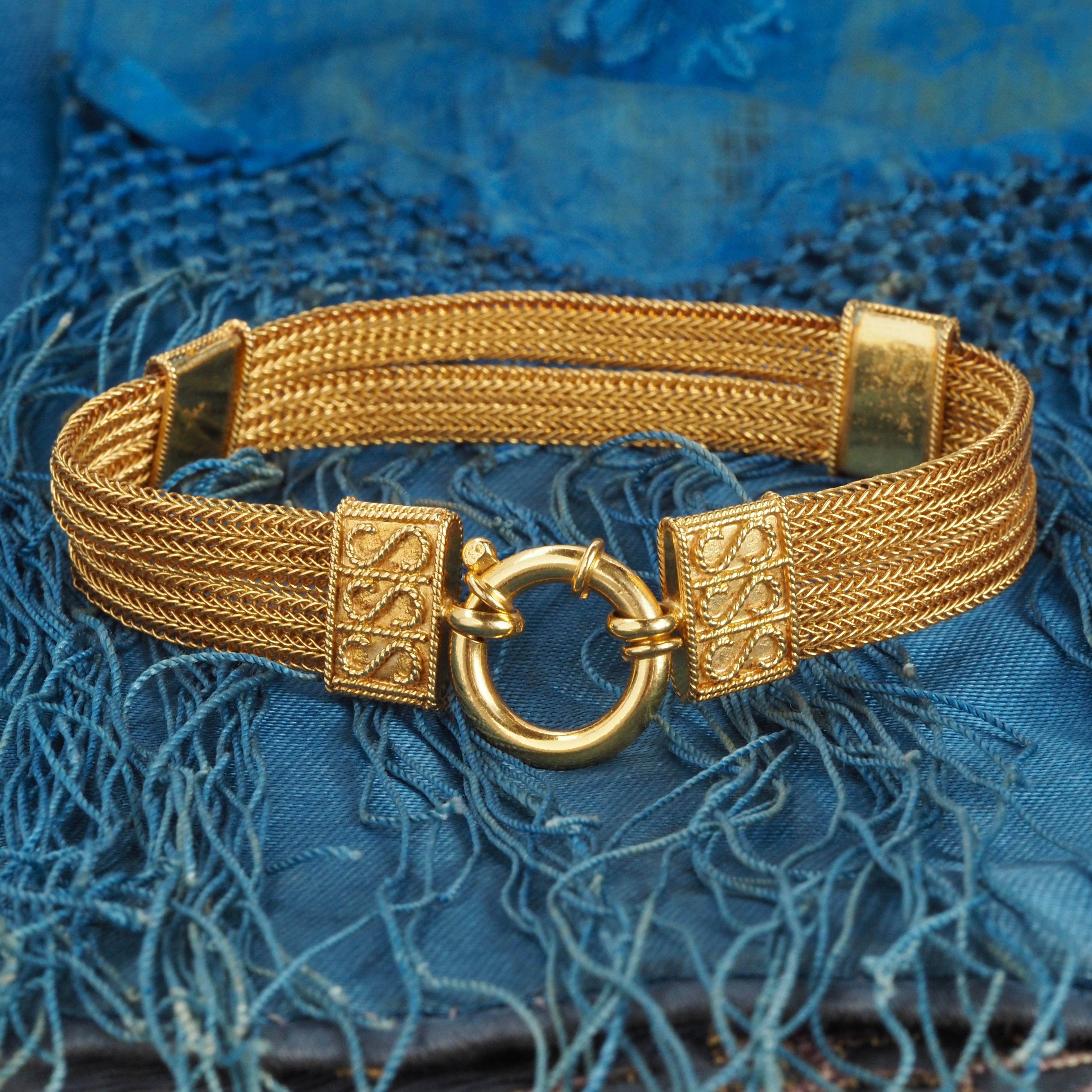 Vintage Portuguese Woven Panel 19k Gold Bracelet