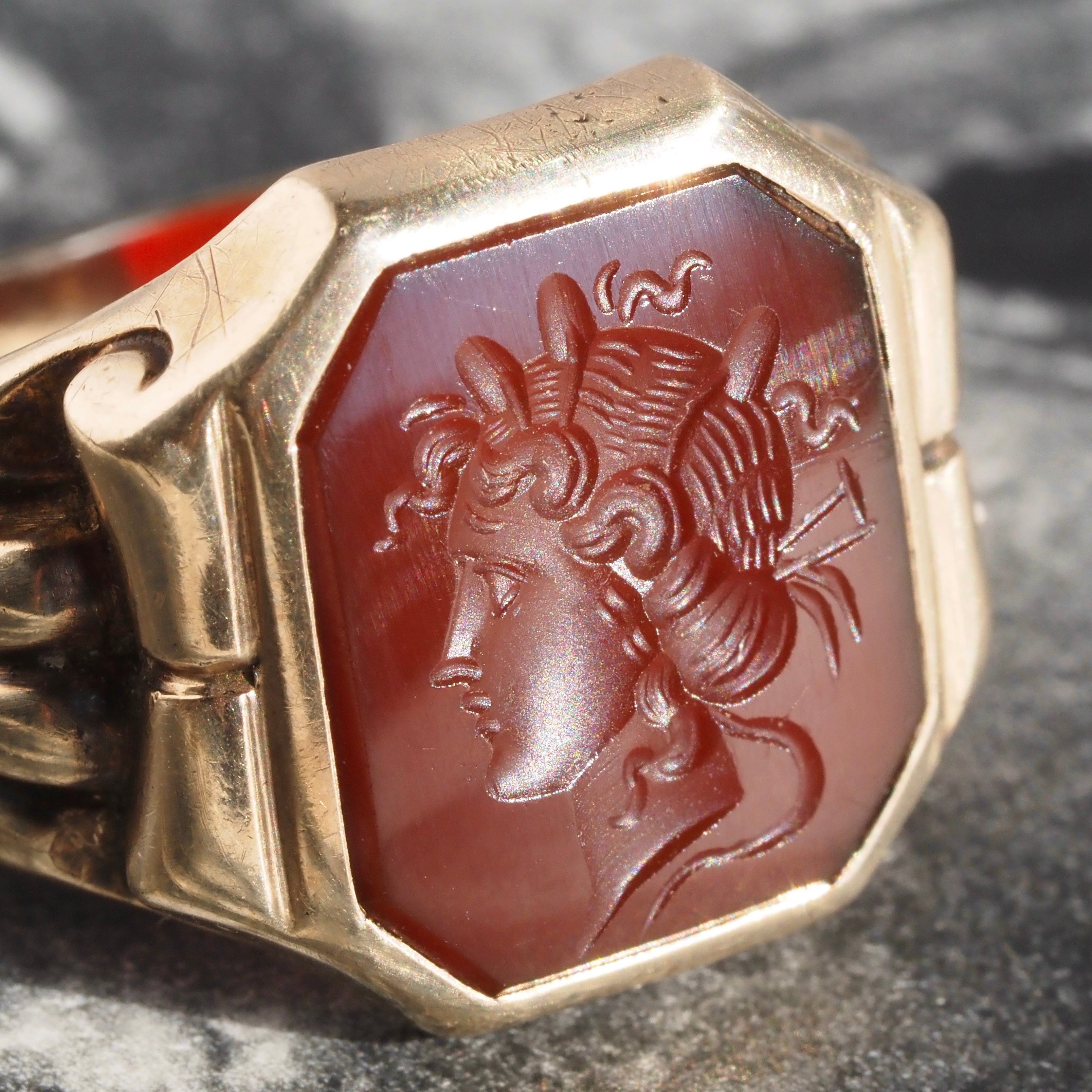 Antique Carnelian Intaglio Goddess 9k Gold Signet Ring
