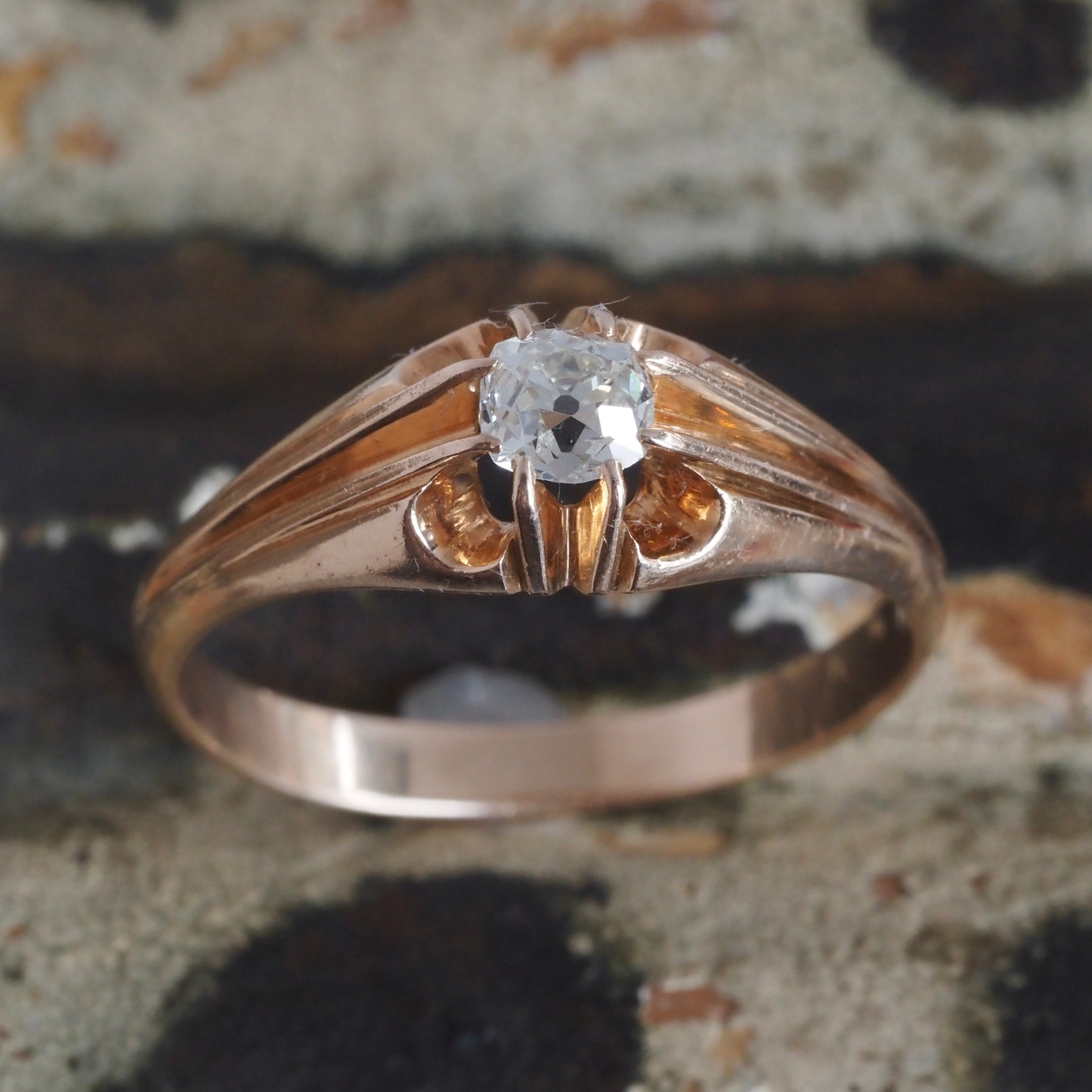 Antique Old Mine Cut Diamond in Vintage Polish 14k Gold Belcher Set Engagement Ring