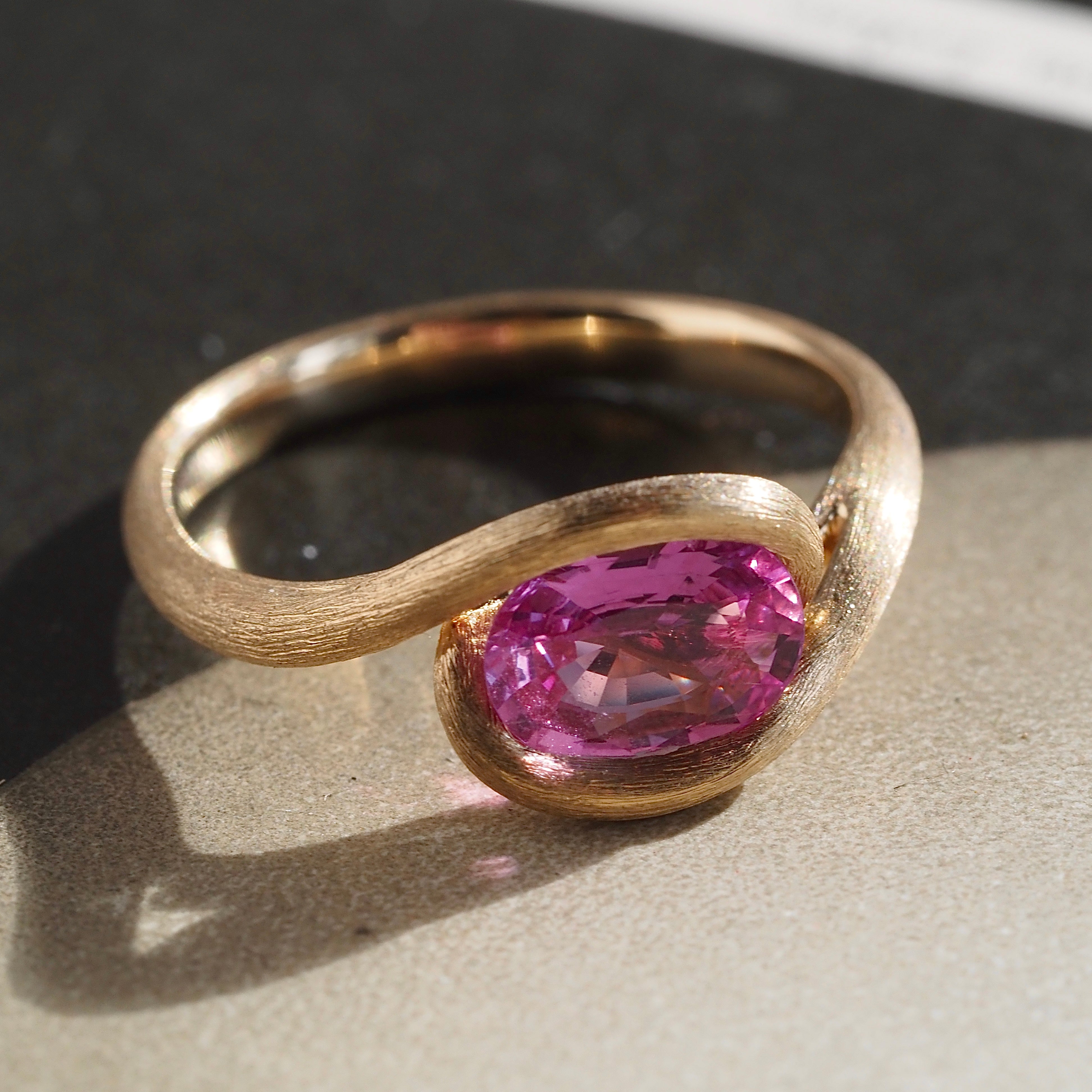 Natural Pink Sapphire Brushed 14k Gold Ring