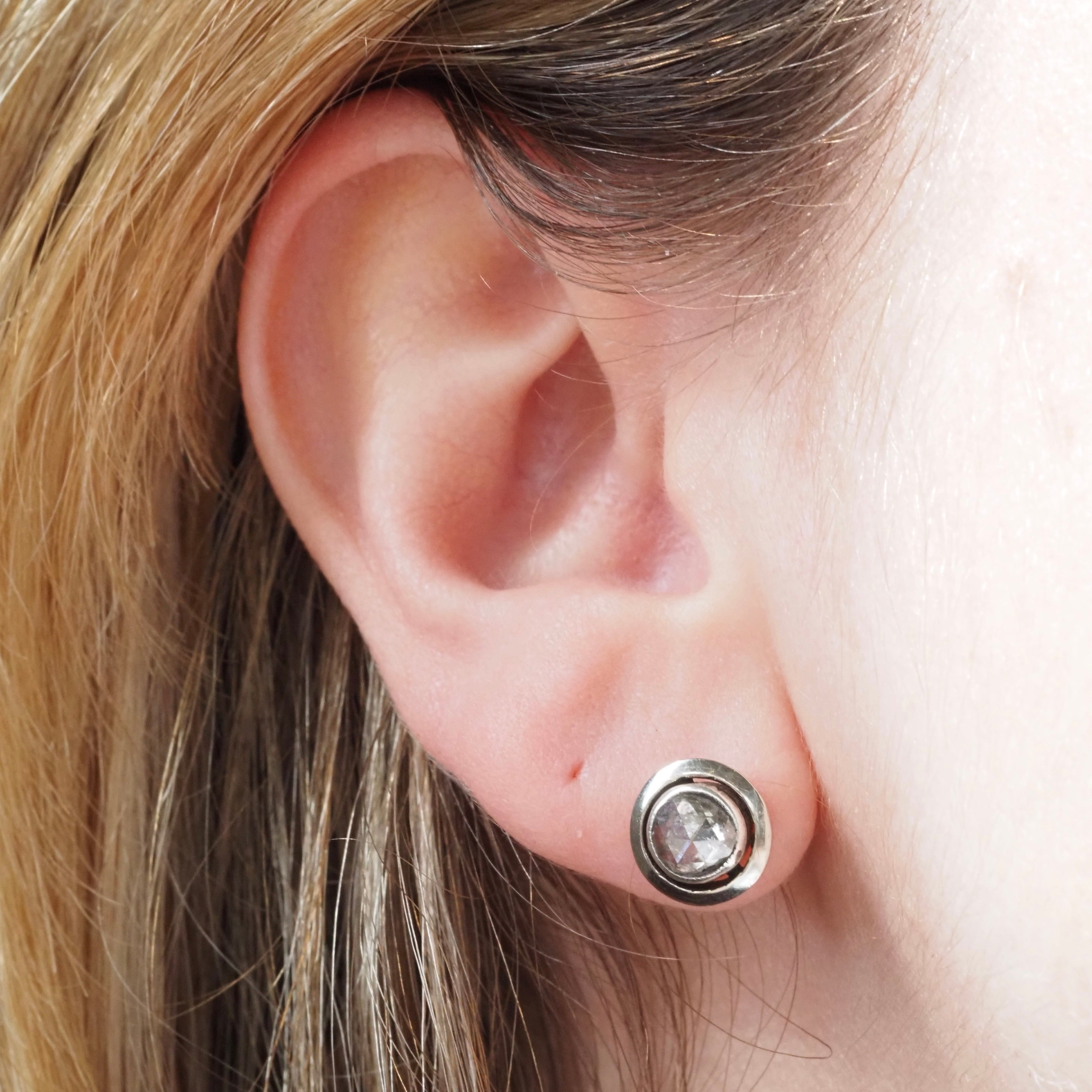 Antique Turn of the Century Rose Cut Diamond 14k Gold and Sterling Silver Stud Earrings