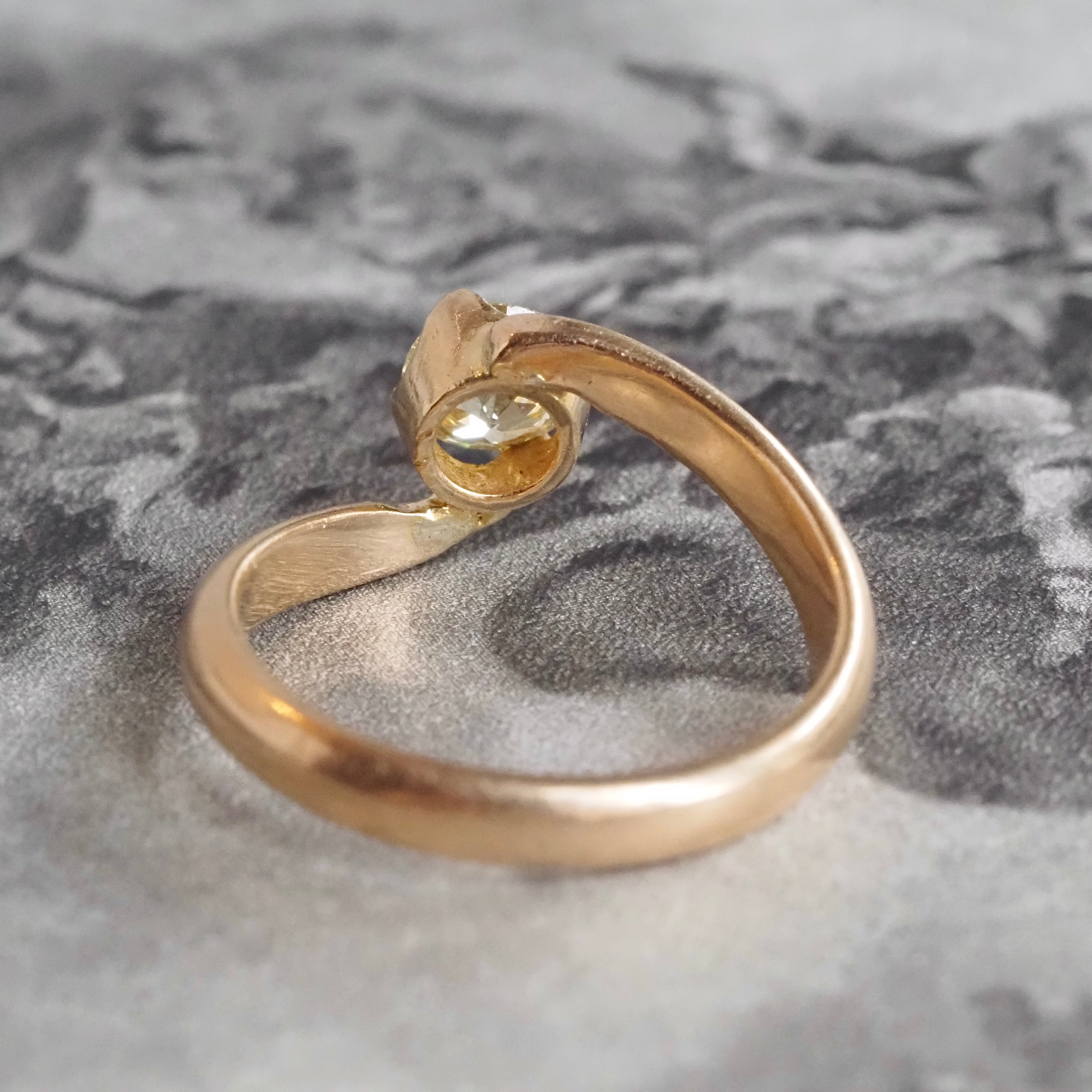 Mid-Century Light Yellow Old European Cut Diamond 14k Gold Bypass Solitaire Engagement Ring