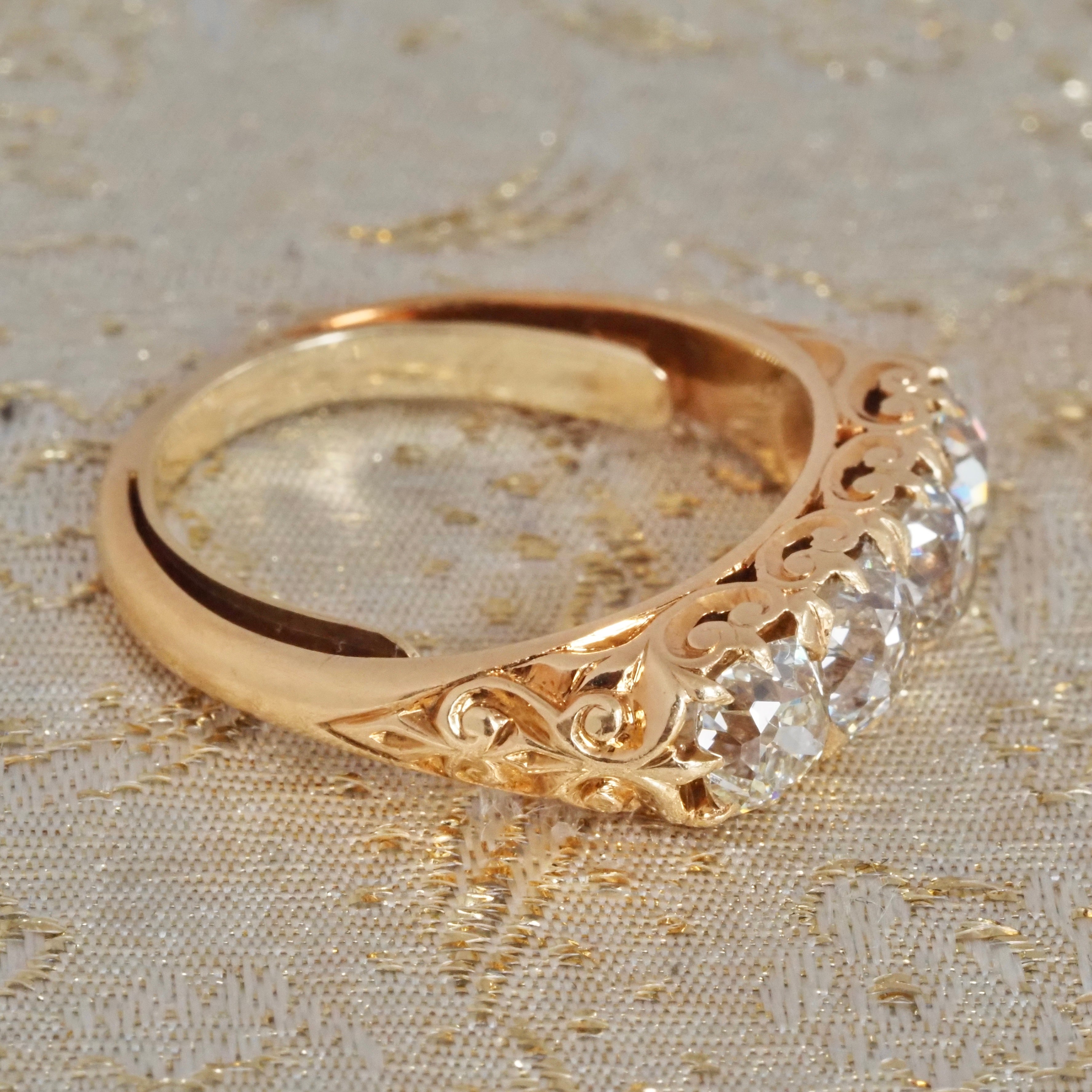 Antique Old Mine Cut Diamond 18k Gold Half Hoop Engagement Ring
