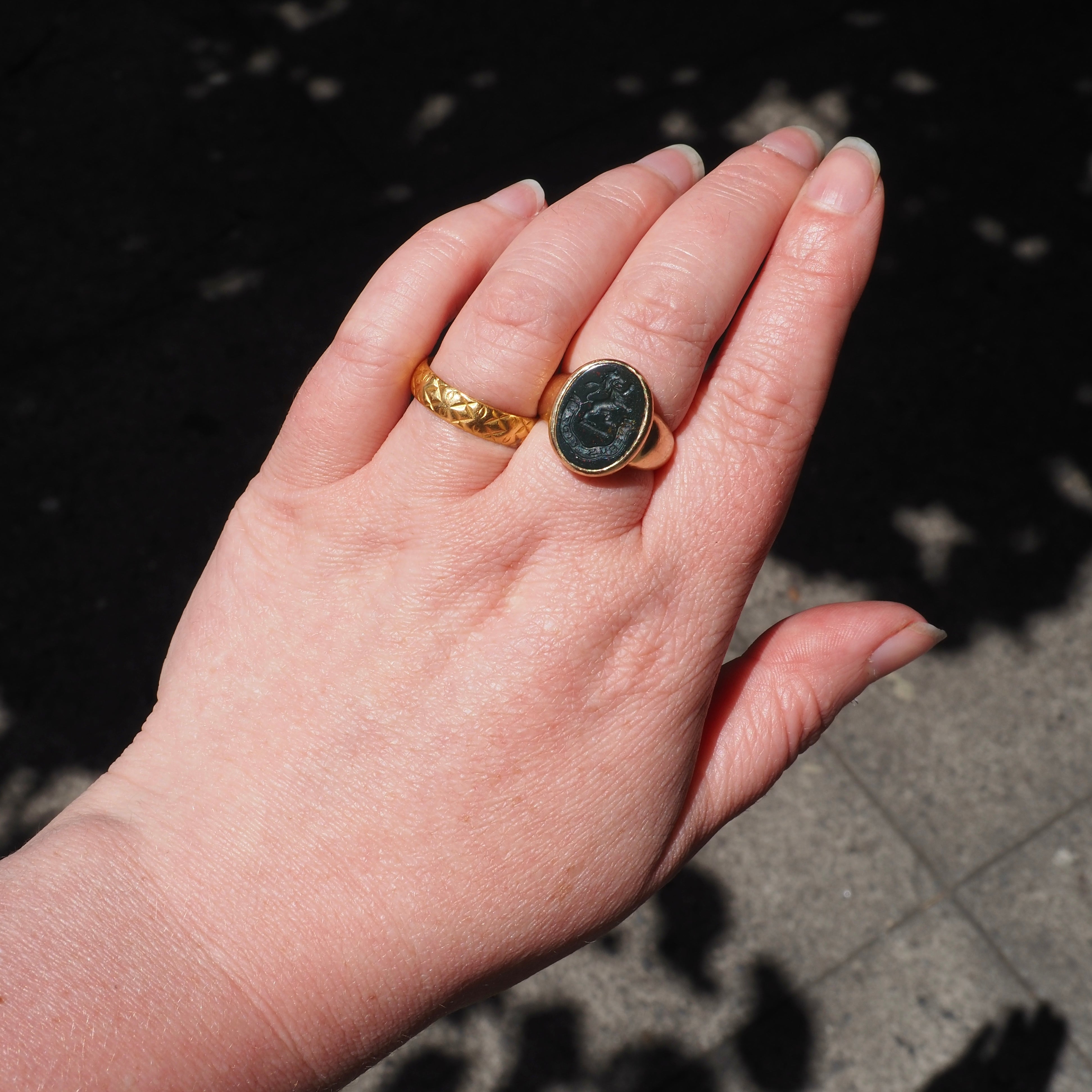 Antique Bloodstone Lion "Verus Fidelis" Intaglio 14k Gold Signet Ring