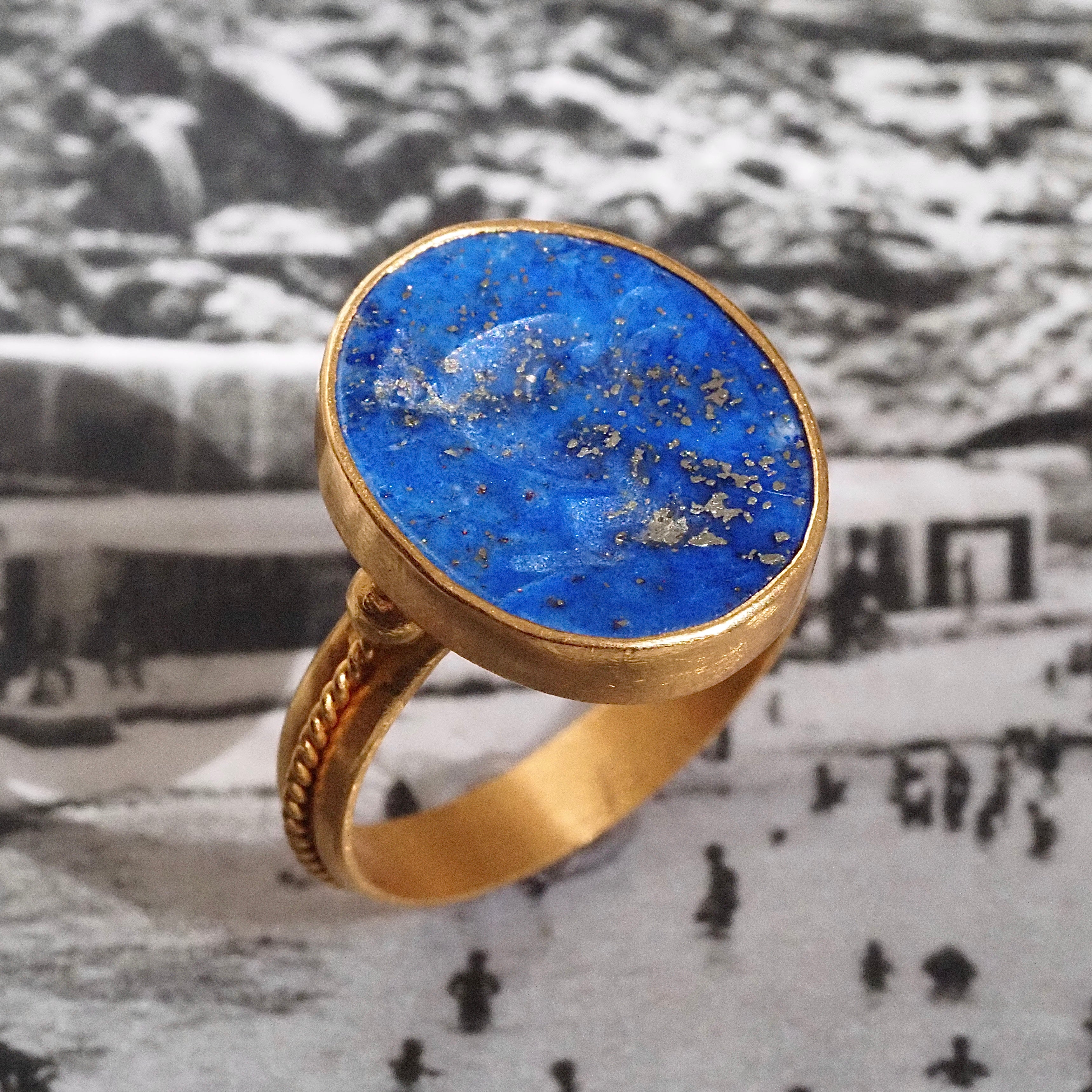 Vintage 22k Gold Lapis Goat Intaglio Ring