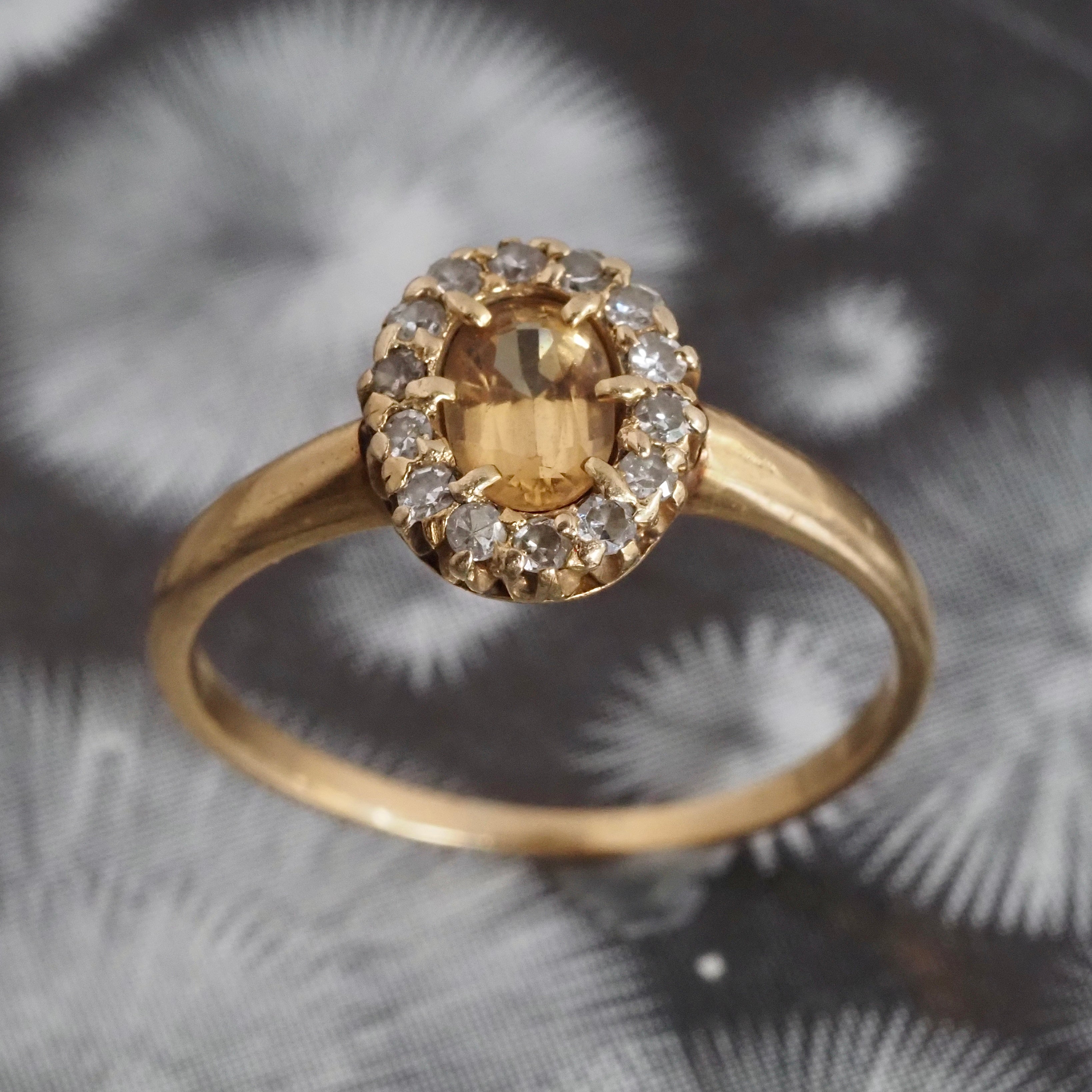 Antique Yellow Topaz and Diamond Halo 18k Gold Ring