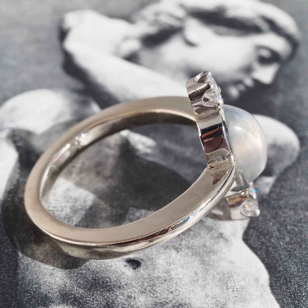 Antique Victorian Moonstone Diamond Palladium and 14k White Gold Ring
