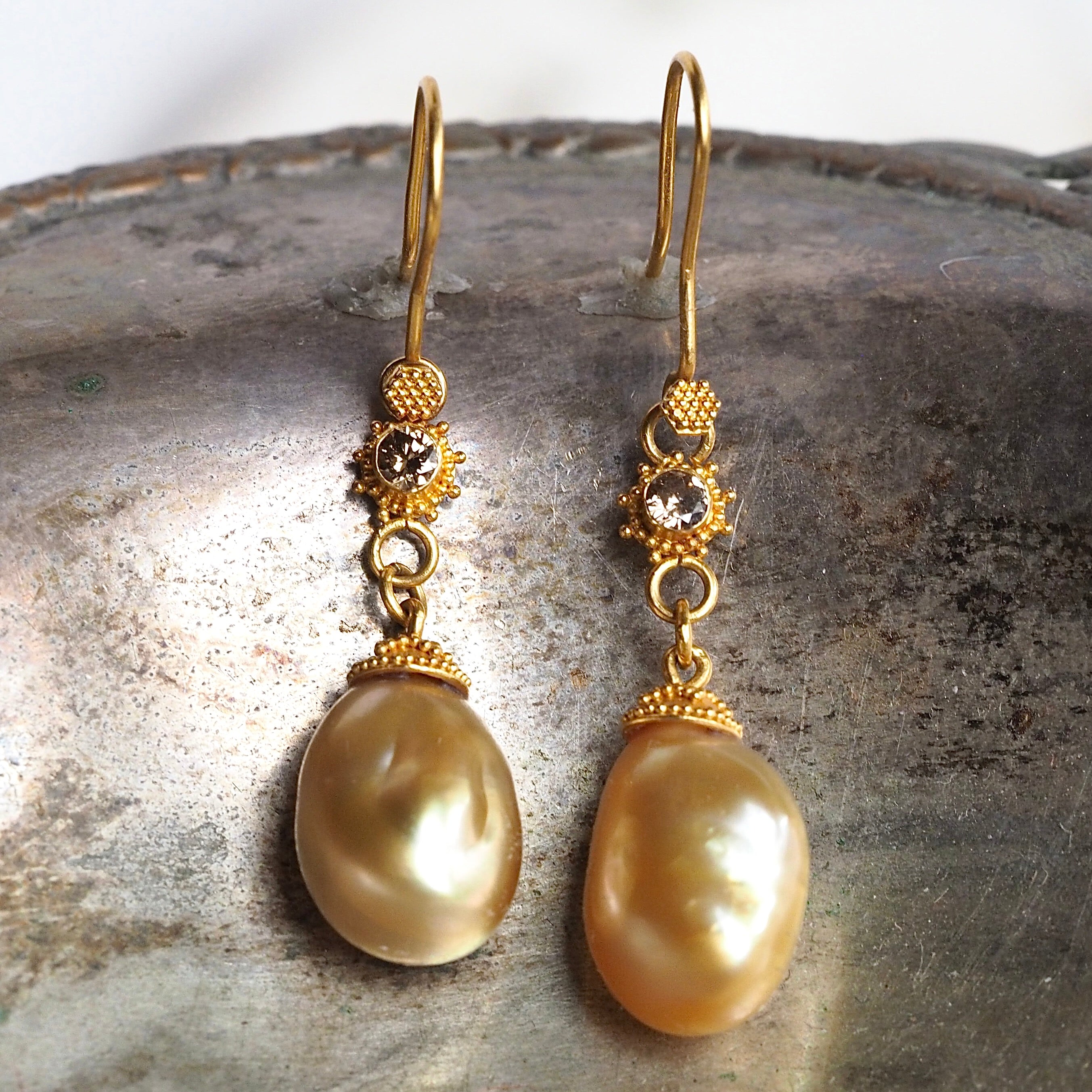Vintage 21k Gold Baroque Pearl and Brown Diamond Earrings