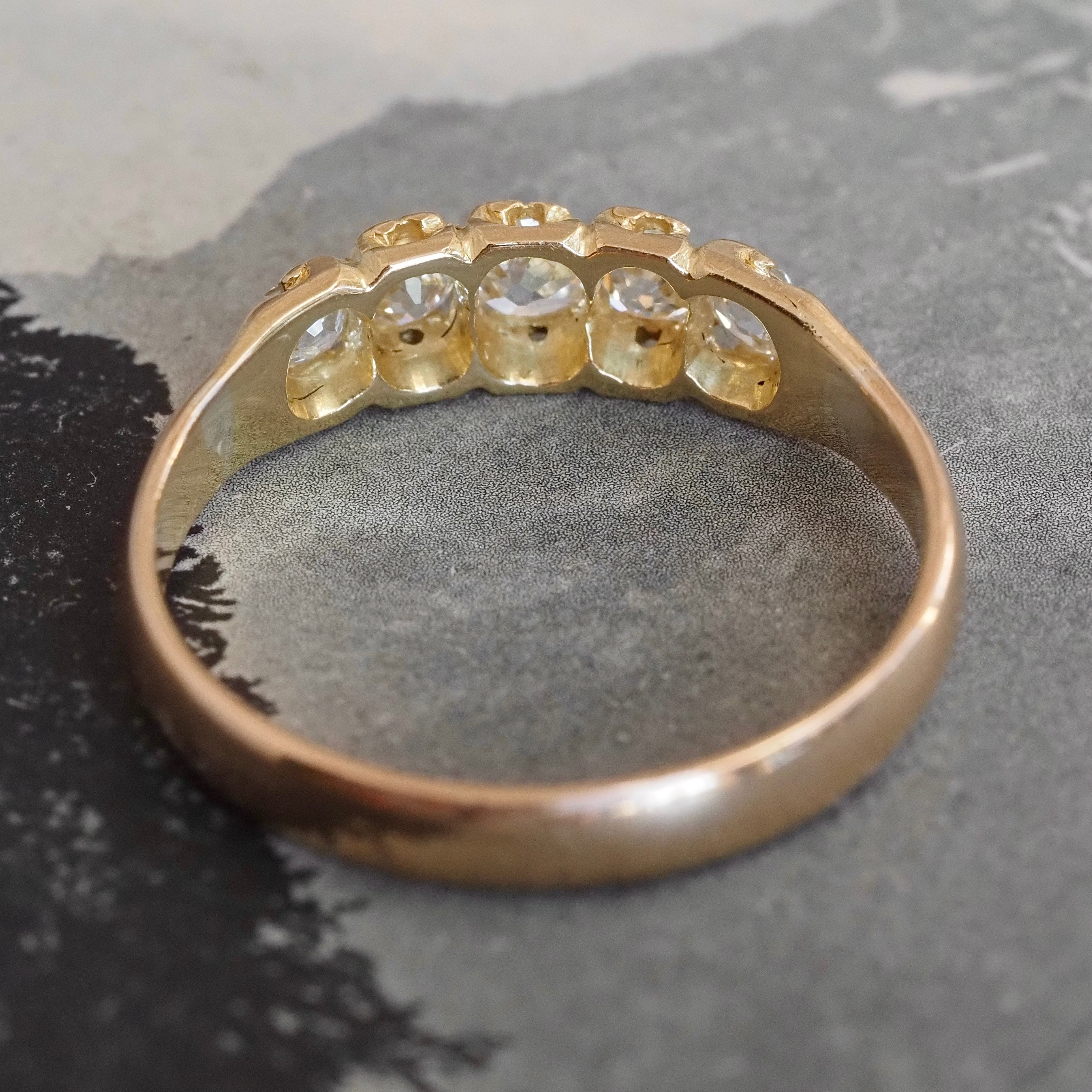 Antique Victorian 18k Gold Old Mine Cut and Single Cut Five Stone Half Hoop Diamond Ring
