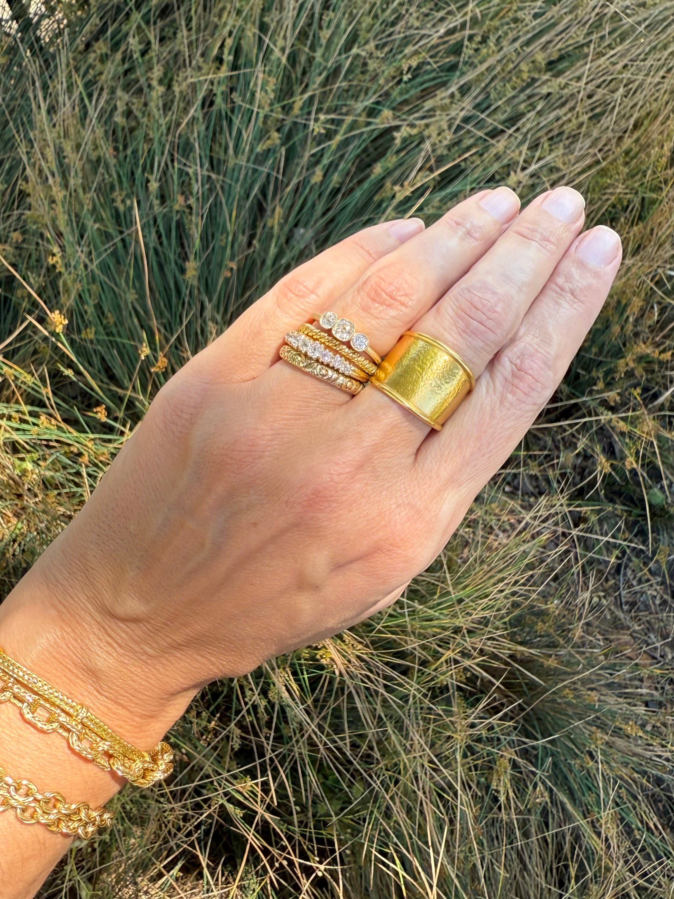 Old Mine Cut and Old European Cut Diamond Trilogy 14k Gold Engagement Ring