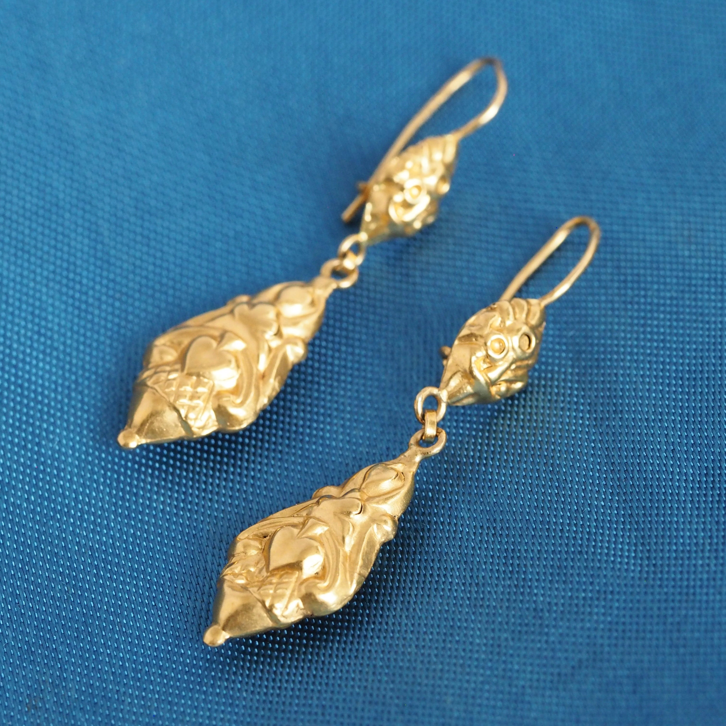 Antique Portuguese 19k Gold Repoussé Drop Earrings