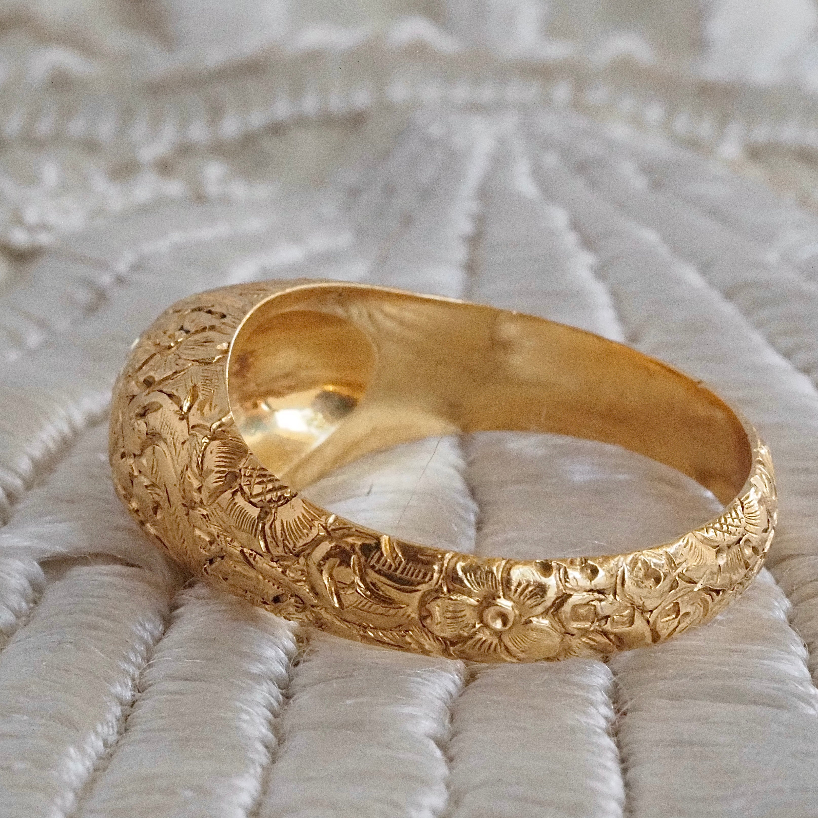 Vintage Portuguese Floral Engraved 19k Gold Old European Cut Diamond Ring