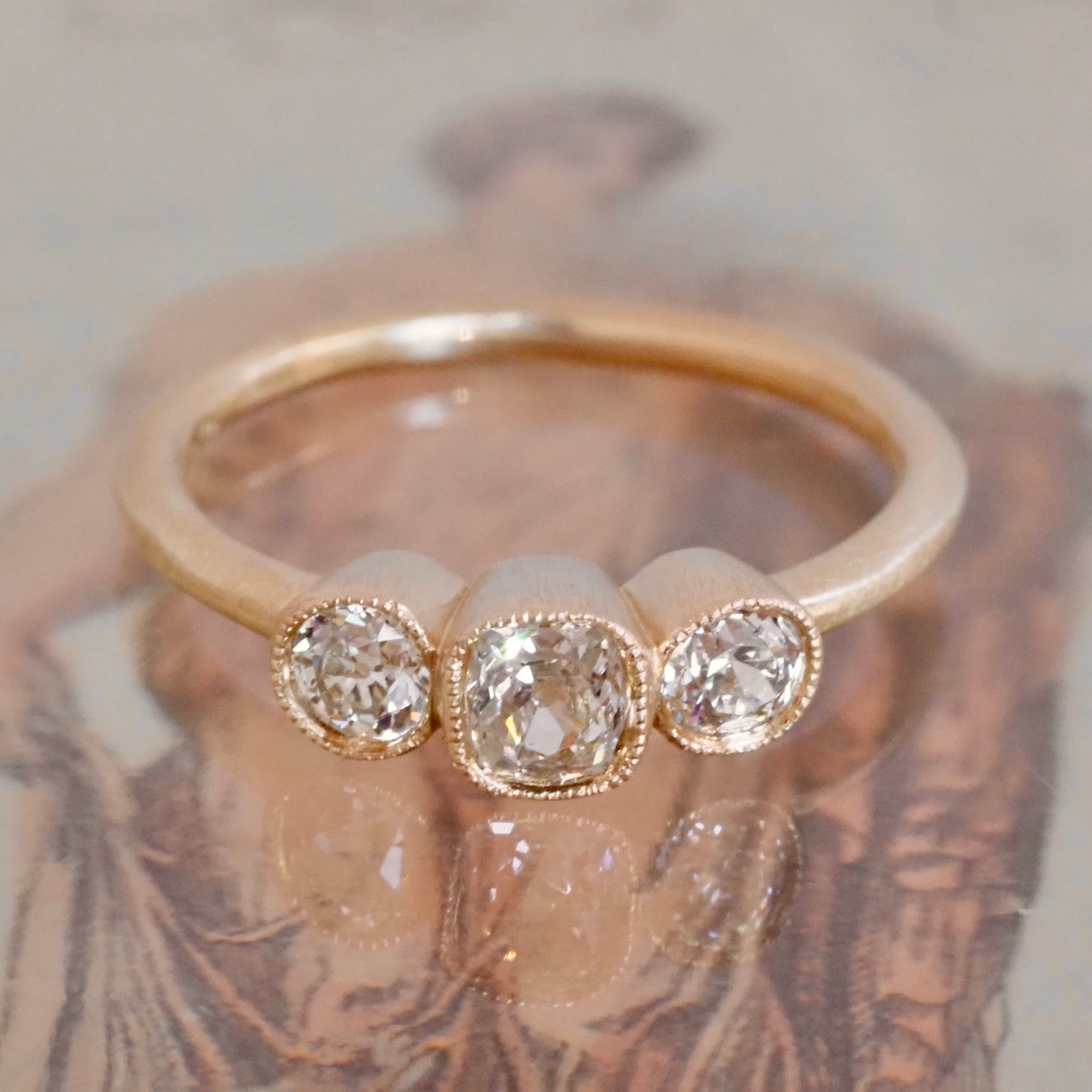 Old Mine Cut and Old European Cut Diamond Trilogy 14k Gold Engagement Ring