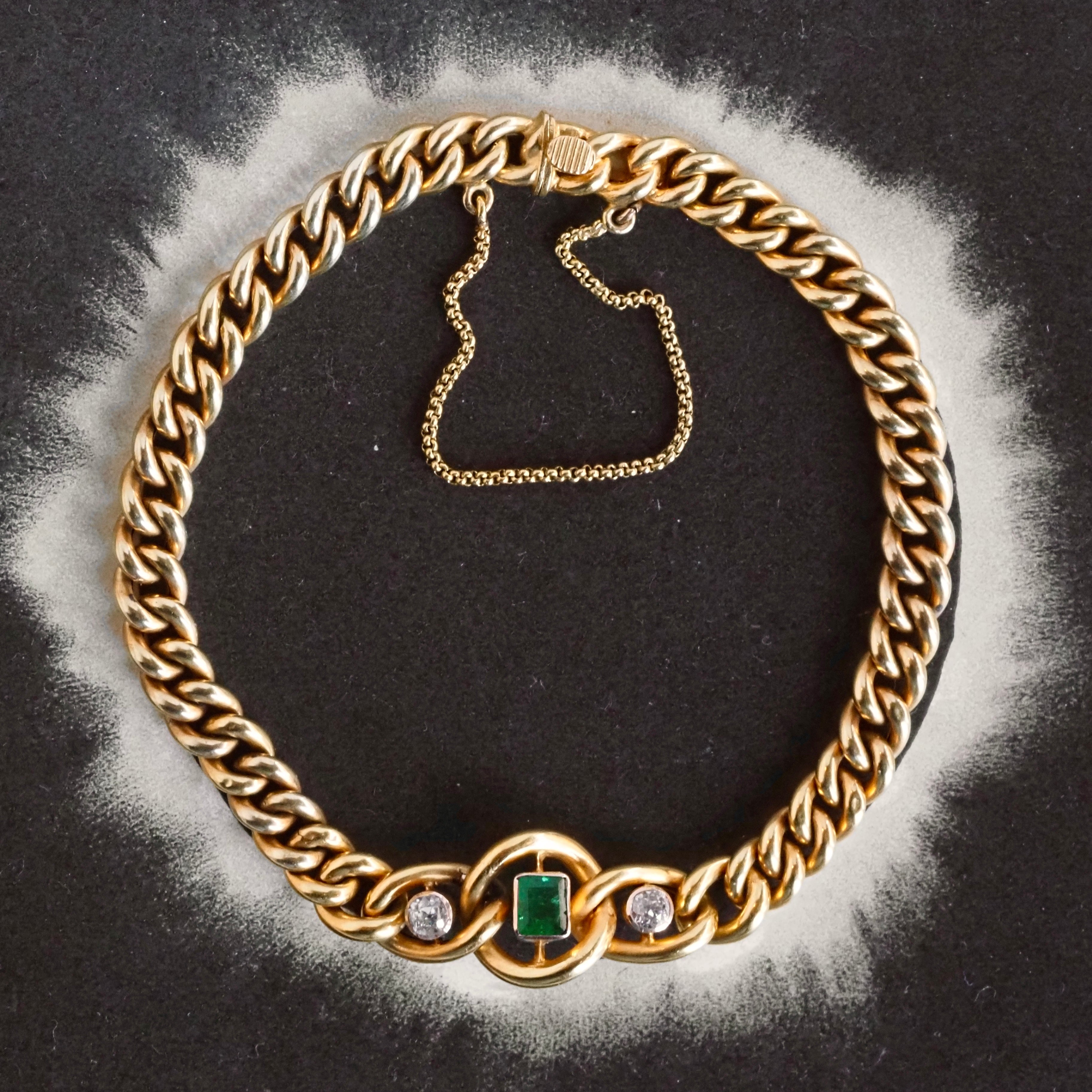 Antique Emerald and Diamond 14k Gold Bloomed Curb Chain Bracelet