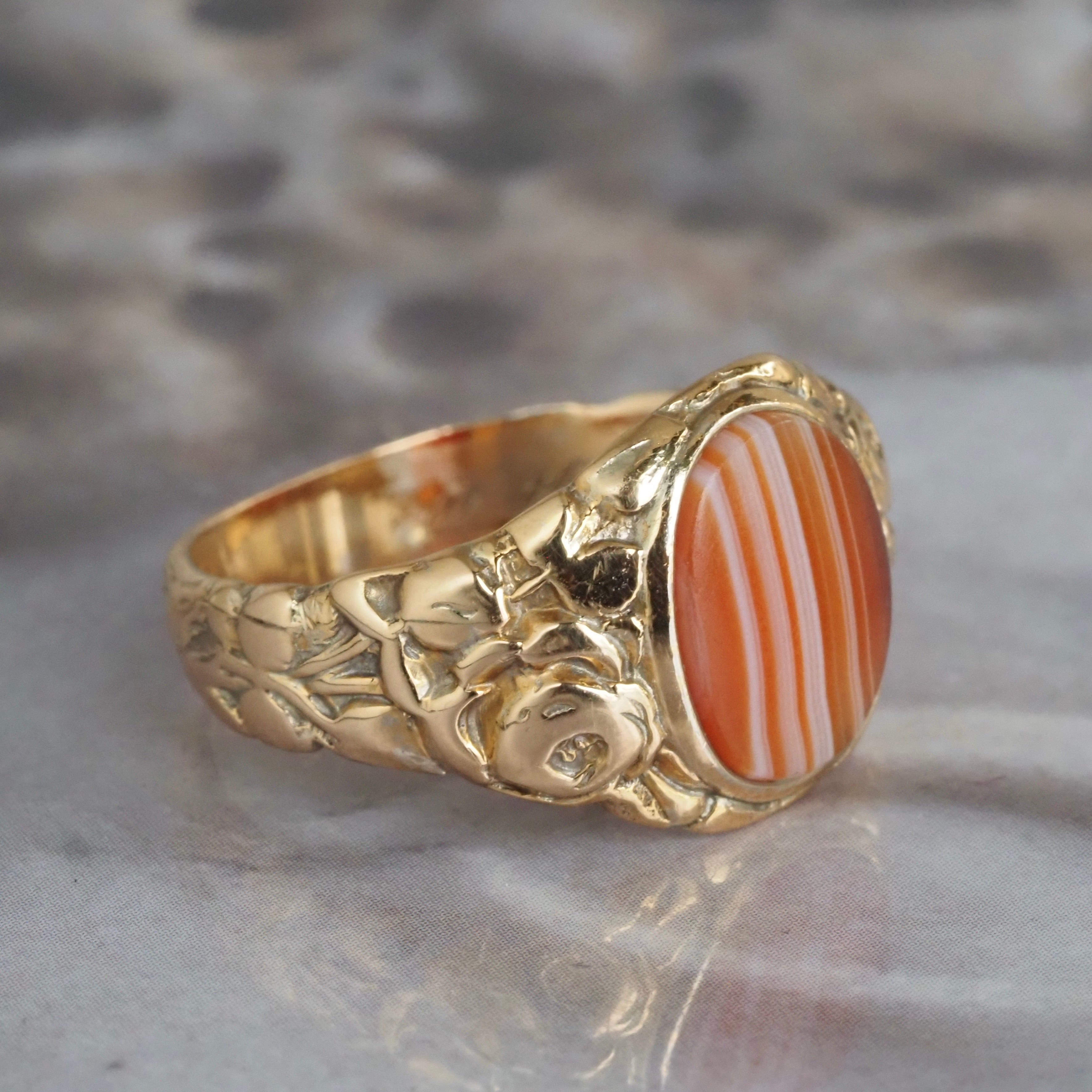 Antique Art Nouveau Banded Agate 14k Gold Roses Signet Ring