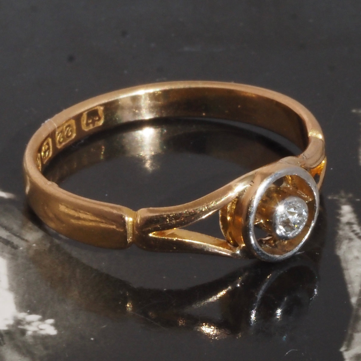 Antique c. 1900 English Bullseye Old Mine Cut Diamond 22k Gold and Platinum Ring