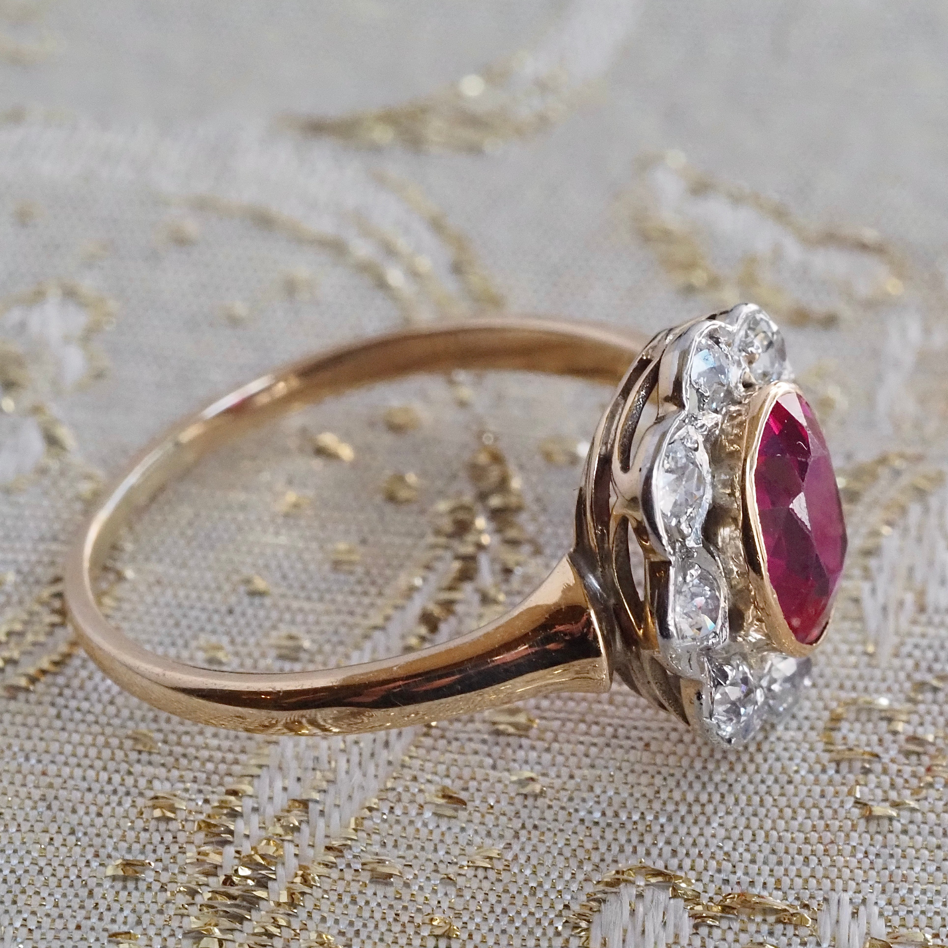 Antique Ruby and Old Mine Cut Diamond Flower 14k Gold Ring