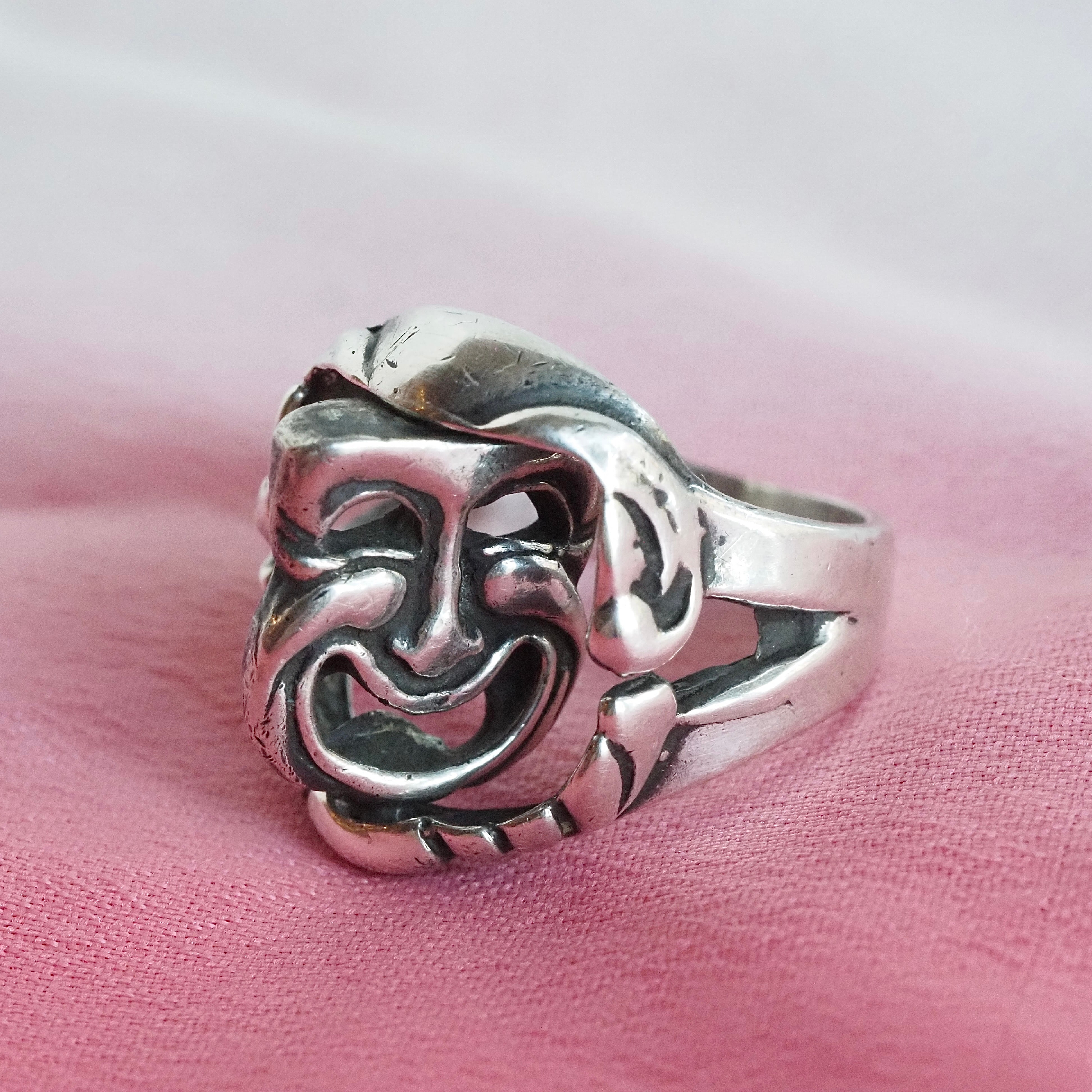 Vintage Comedy Tragedy Mask Flip Sterling Silver Ring