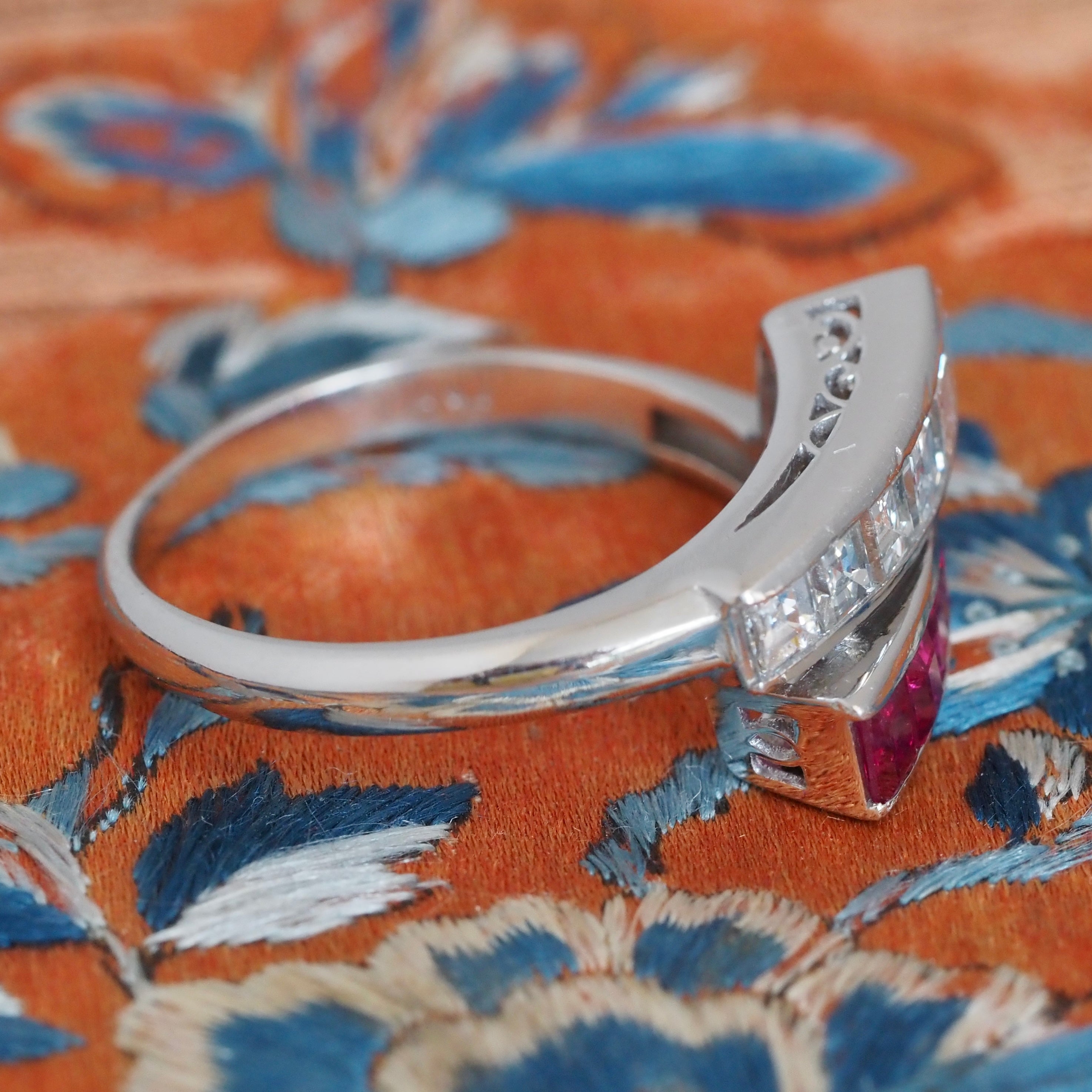 Antique Art Deco Platinum Diamond and Natural Ruby Bypass Ring
