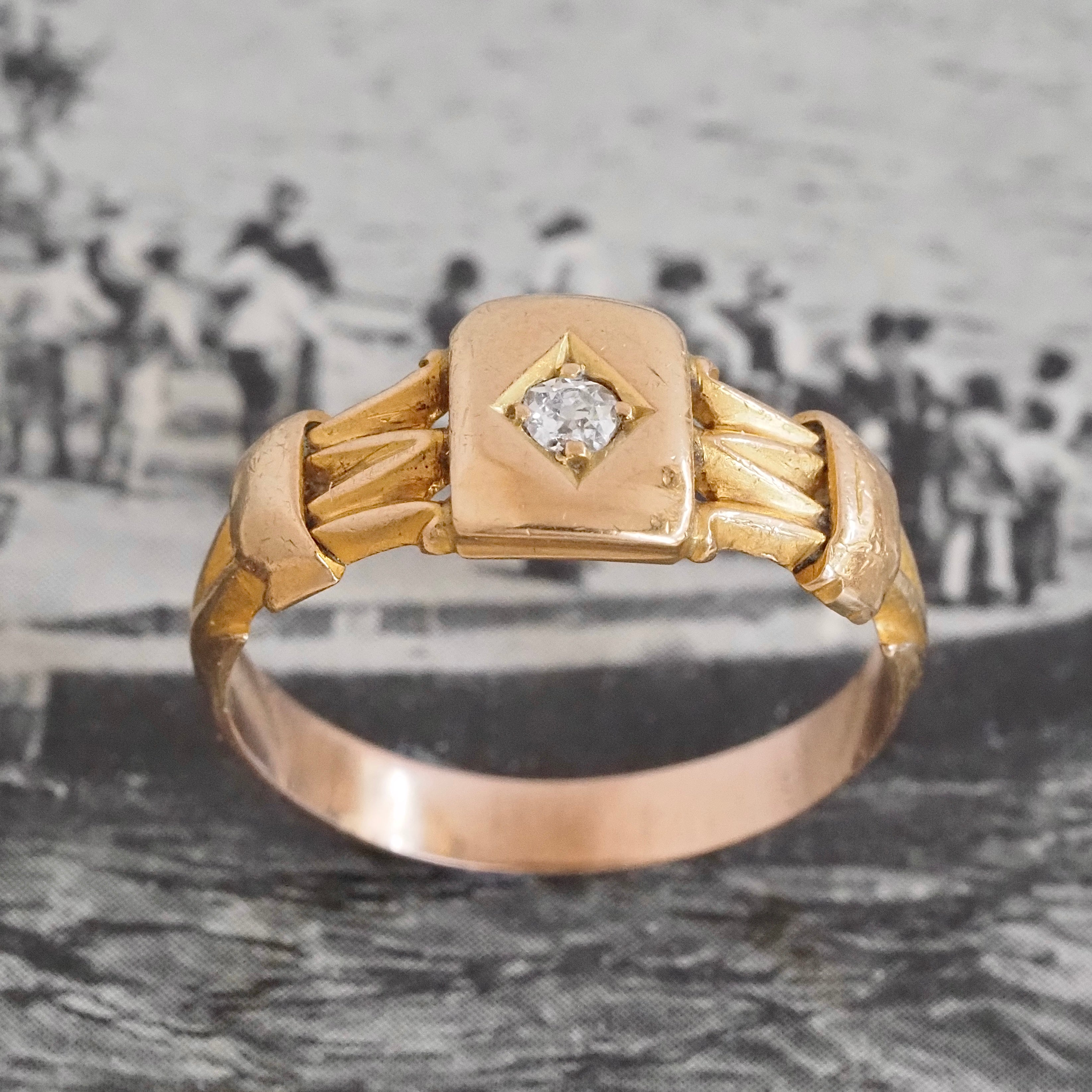 Antique Old Mine Cut Diamond 18k Gold Ornate Signet Ring