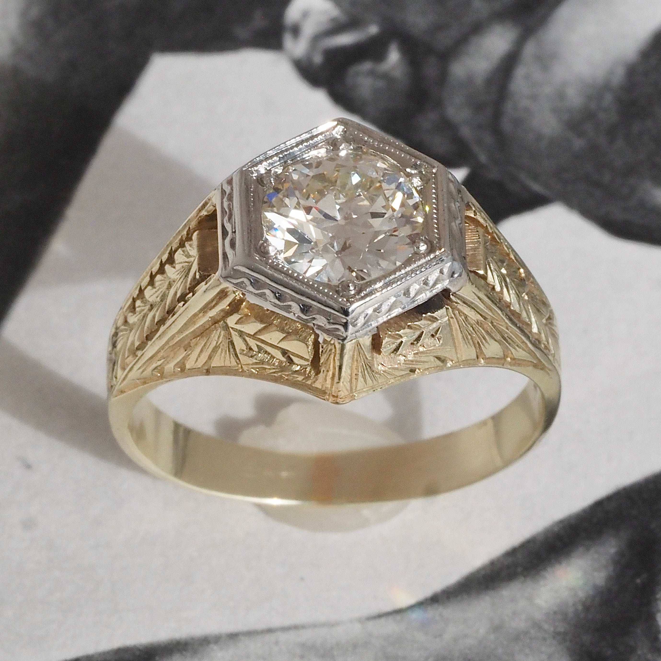 Antique Art Deco 1.22ct Old European Cut Diamond Hexagonal 14k Gold Engagement Ring